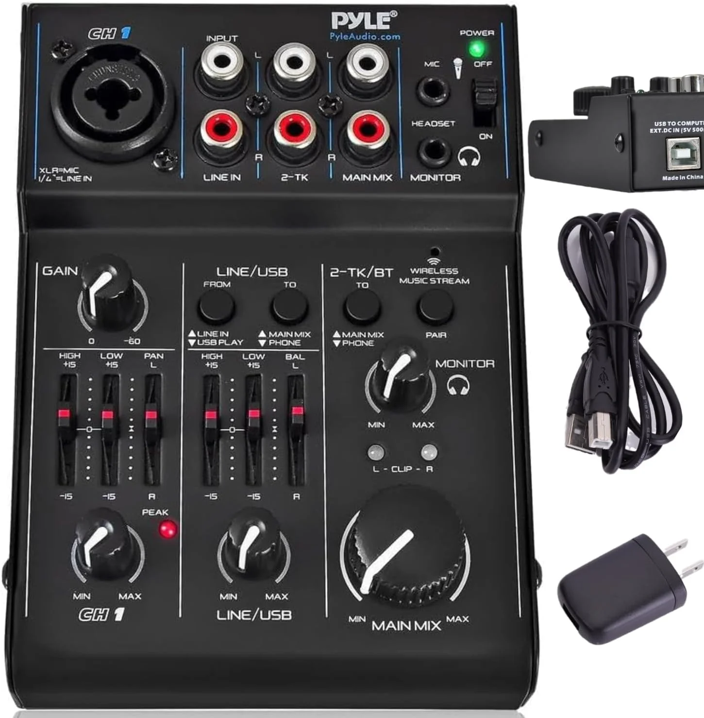میکسر صوتی بلوتوثی 3 کاناله Pyle - رابط کنترلر صدای DJ با کارت صدای USB برای ضبط PC، XLR، جک میکروفون 3.5 میلی متری، منبع تغذیه 18 ولت، ورودی/خروجی RCA برای حرفه ای ها و مبتدیان - PAD30MXUBT
