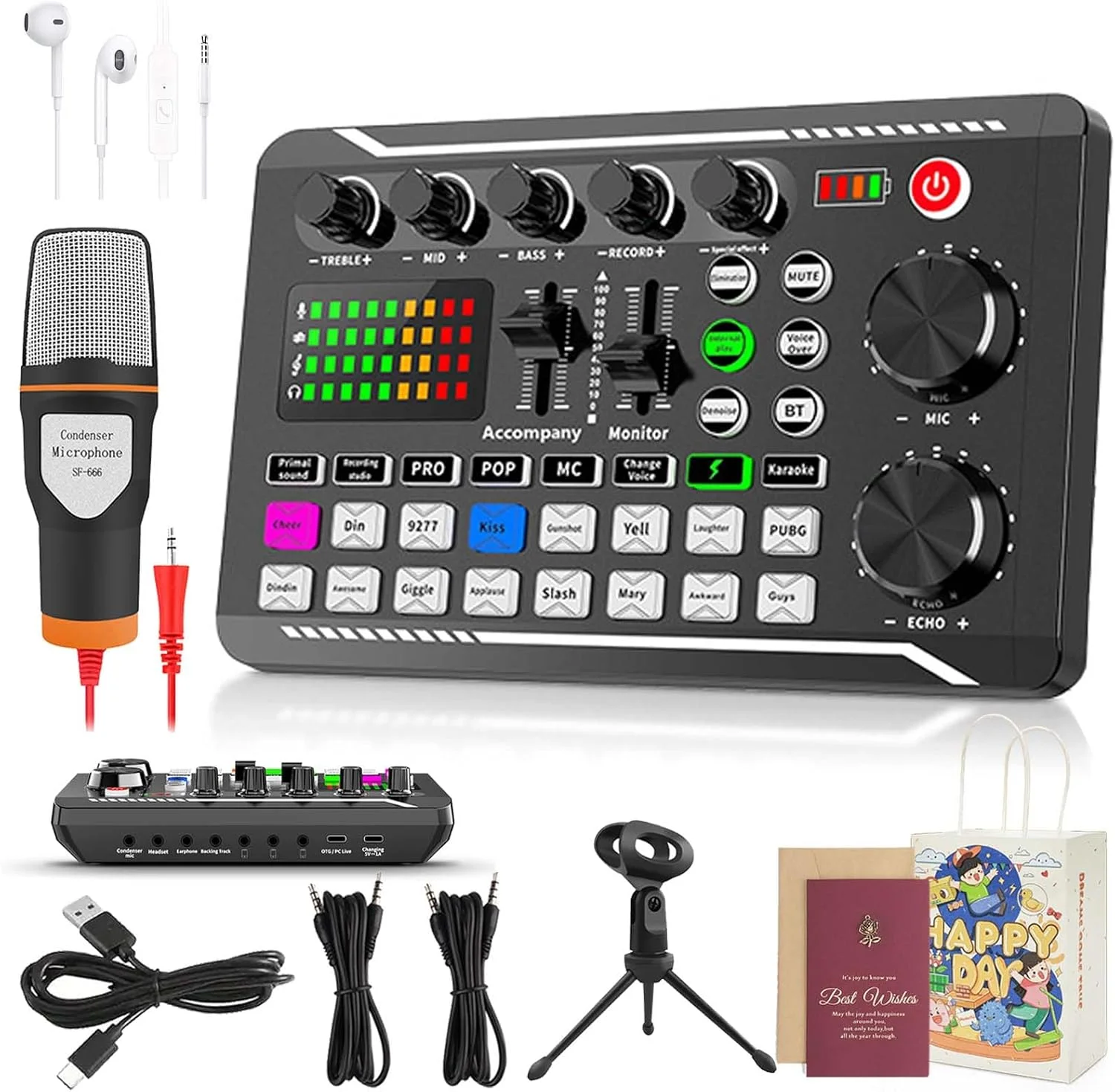 میکسر حرفه ای DJ مدل F988 با تغییر دهنده صدا و افکت ها، برد میکسر صدا برای پخش زنده/بازی (کارت صدا F998 + میکروفون)