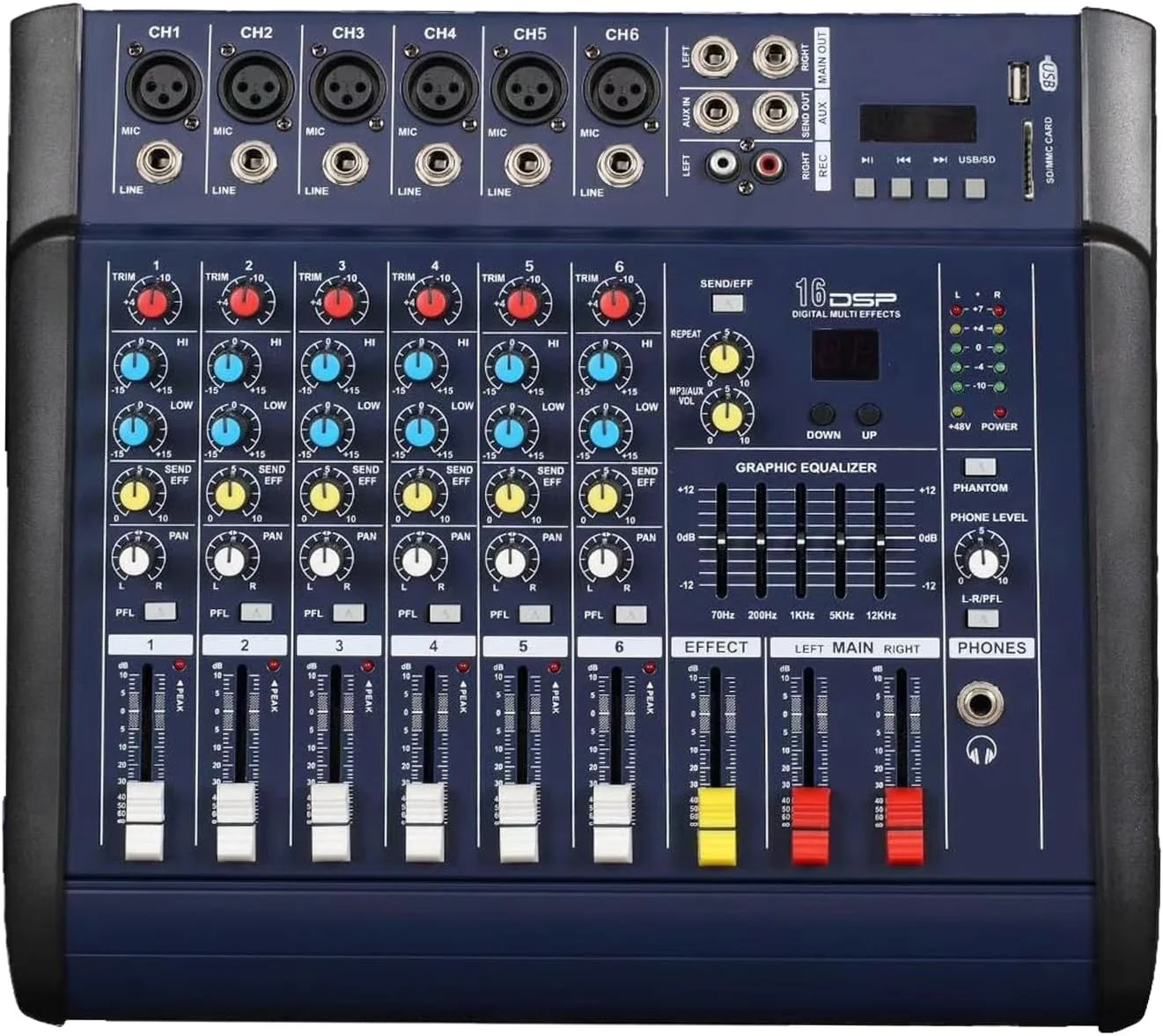 میکسر صدای 4، 6، 8 کاناله، میکسر صدای حرفه ای با نمایشگر LED، اتصال بلوتوث، 16 افکت ریورب، کنسول میکس DJ دیجیتال قابل حمل برای استودیو ضبط DJ KTV (6 کانال)