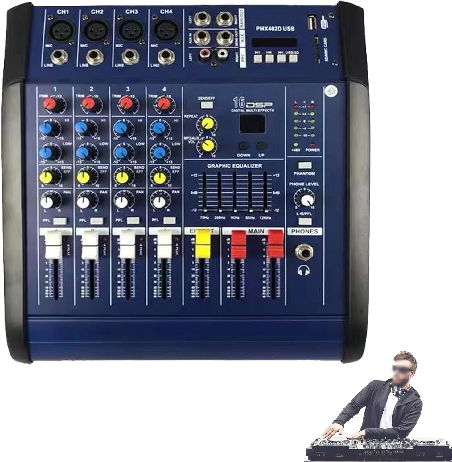 میکسر صوتی حرفه ای 4، 6، 8 کانال، کنسول میکس دیجیتال DJ، اتصال بلوتوث، اکولایزر پنج باندی، 16 افکت ریورب، پشتیبانی از پخش USB، کنسول میکس صدا برای DJ (4 کانال)