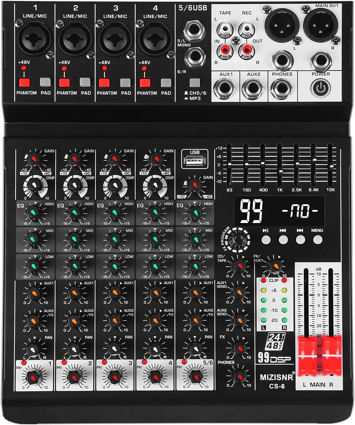 میکسر صدا 6 کاناله، کنسول میکسر صدای حرفه ای، میکسر DJ با 99 DSP، اکولایزر 7 باندی، USB، بلوتوث، فانتوم پاور 48 ولت و عملکرد PAD برای ضبط PA Live Live Streaming