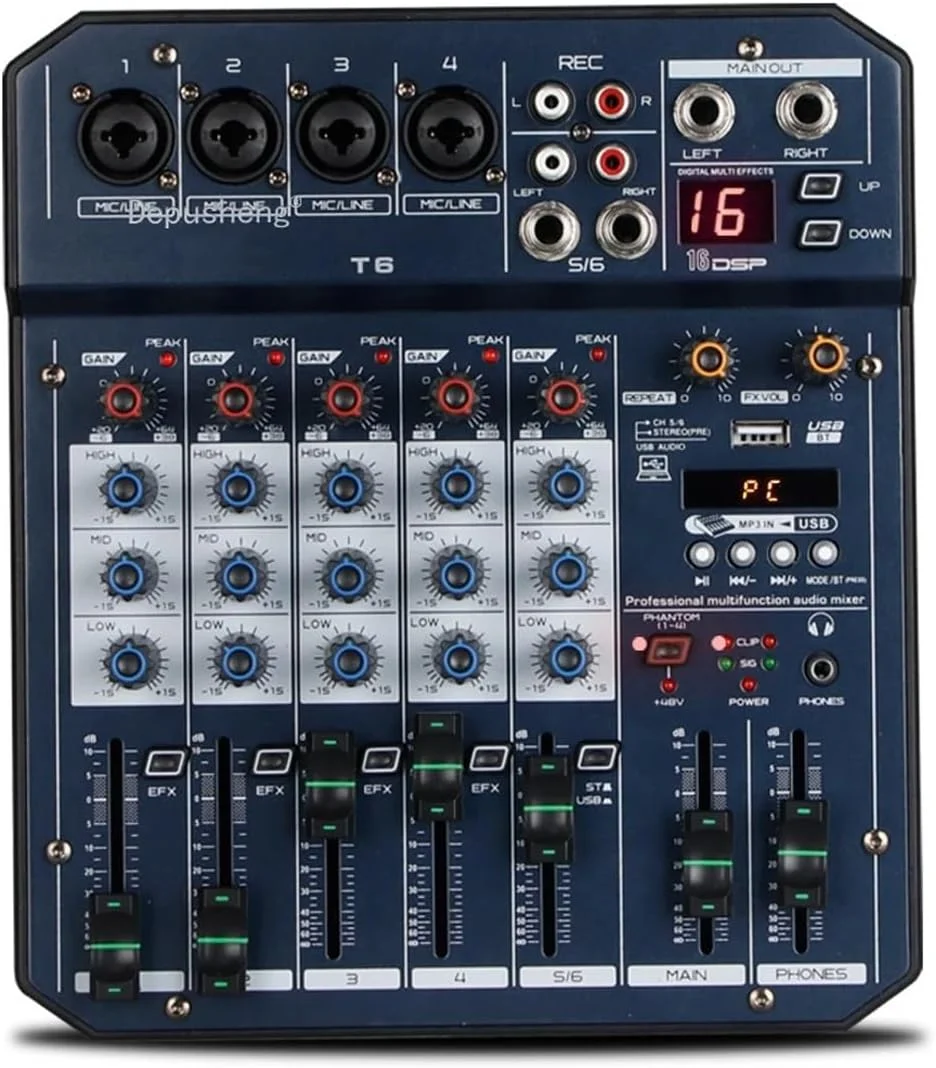میکسر DJ، میز صدا T6 Au-dio میکسر 6 کانال پردازنده کارت صدا 16DSP رابط کنترلر صدا برای پخش زنده ضبط کامپیوتر