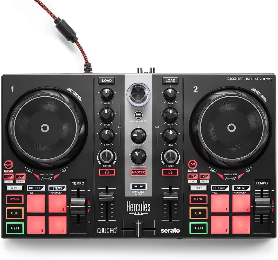 کنترلر دی‌جی ۲ کاناله هرکولس DJ Control Inpulse 200 MK2 برای Serato DJ Lite و Djuced با امکانات میکس نامحدود و ویژگی‌های STEM و راهنمای Beatmatch