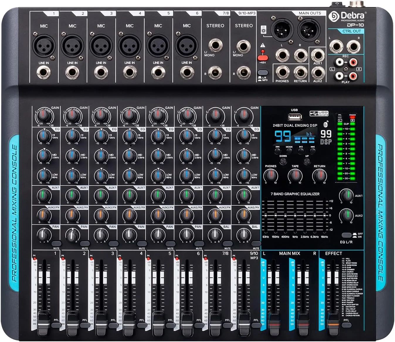 میکسر صوتی استریو 10 کانال D Debra، میکسر استریو حرفه ای DP-10 با 99 DSP Reverb، اکولایزر 7 باندی، USB، فانتوم پاور 48 ولت، قطع صدای یک کلیکی برای استودیو کارائوکه و ضبط صدا (10 کانال)
