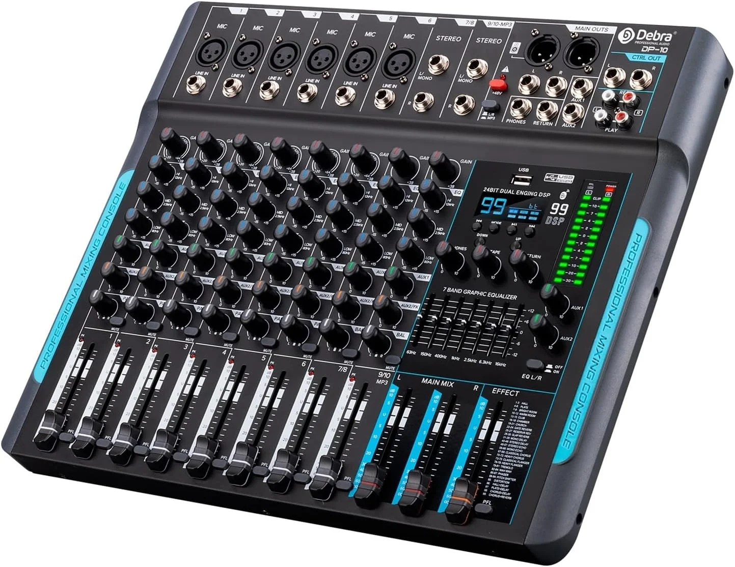میکسر صدا، دستگاه کنترلر DJ میکسر DP-10 با 10 کانال و 99 DSP Reverb Recording Mixer با بلوتوث 5.0 عملکرد حرفه ای
