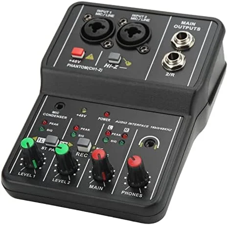 میکسر صوتی 2 کاناله، میکسر صدای حرفه ای USB با منبع تغذیه 48 ولت، مناسب برای ضبط موسیقی، کارائوکه خانگی، استودیوی دی جی و استریم