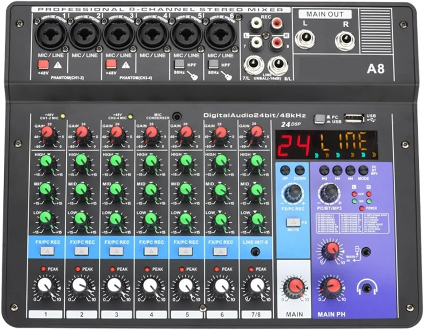 میکسر صدا، میکسر صوتی 8 کانال DJ با 24 افکت DSP، بلوتوث، پخش USB کامپیوتر، ضبط، کنترلر میکسر 48 ولت A8