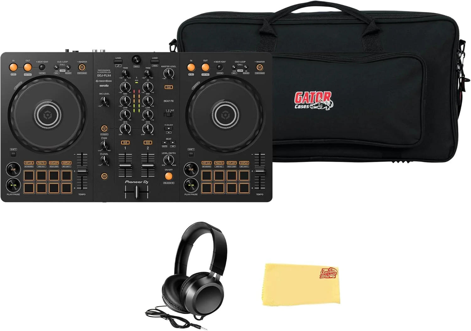 کنترلر دی‌جی ۲ کاناله پایونیر مدل DDJ FLX4 - مشکی همراه با کیف گیتور، هدفون و دستمال پولیش آستین بازار