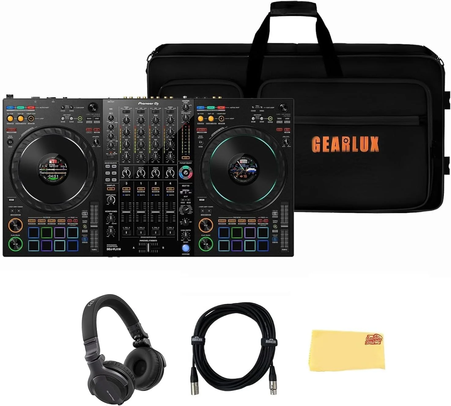کنترلر دی‌جی حرفه‌ای پایونیر DDJ-FLX10 چهار کاناله - مشکی همراه با کیف، استند لپ‌تاپ، هدفون HDJ-CUE1، کابل میکروفون XLR و پارچه پولیش Austin Bazaar