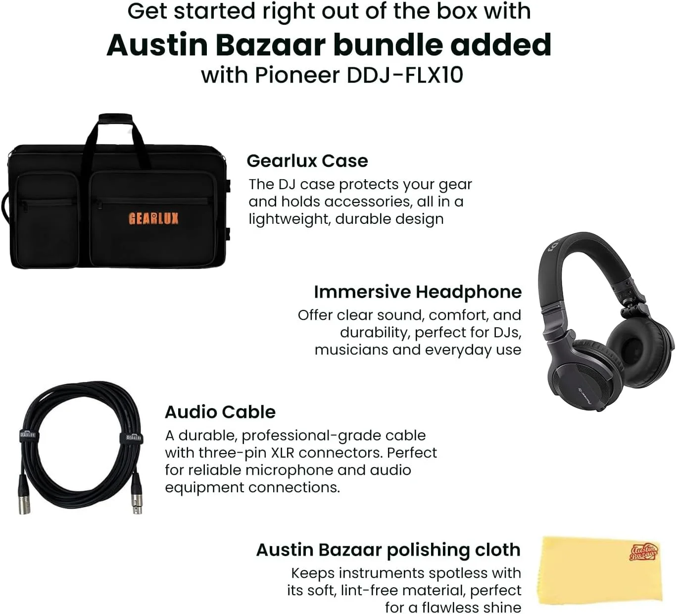 کنترلر دی‌جی حرفه‌ای پایونیر DDJ-FLX10 چهار کاناله - مشکی همراه با کیف، استند لپ‌تاپ، هدفون HDJ-CUE1، کابل میکروفون XLR و پارچه پولیش Austin Bazaar