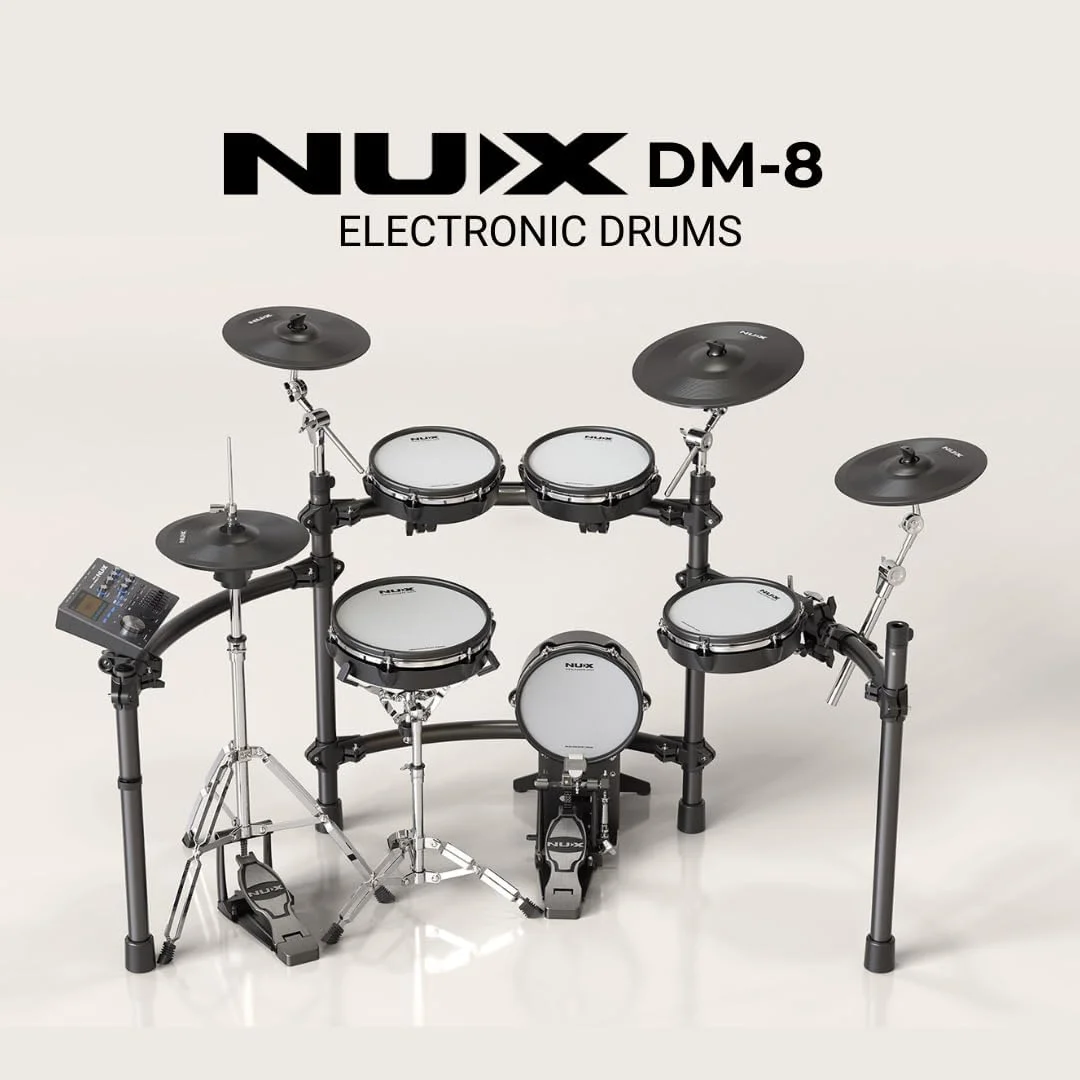 ست درام الکترونیکی NUX DM-8 با پدهای مش برای استیج یا استودیو، دارای بلوتوث، اتصال USB MIDI، پدهای درام مش، پدال کیک و درام کیک مش، مشکی ست درام الکترونیکی NUX DM-8 با پدهای مش برای استیج یا استودیو، دارای بلوتوث، اتصال USB MIDI، پدهای درام مش، پدال کیک و درام کیک مش، مشکی