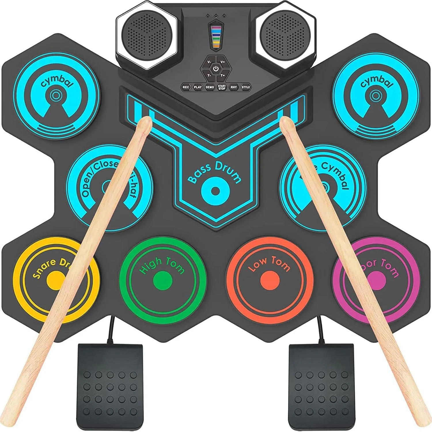 ست درام الکترونیکی قابل حمل نورسیکس، پد درام تاشو با بلندگوهای استریو داخلی، 2 پدال پا، چوب درام، 9 پد سیلیکونی قابل شارژ برای کودکان و بزرگسالان مبتدی
