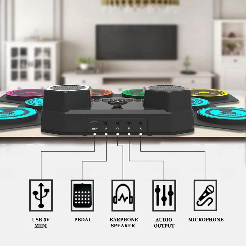 ست درام الکترونیکی قابل حمل نورسیکس، پد درام تاشو با بلندگوهای استریو داخلی، 2 پدال پا، چوب درام، 9 پد سیلیکونی قابل شارژ برای کودکان و بزرگسالان مبتدی ست درام الکترونیکی قابل حمل نورسیکس، پد درام تاشو با بلندگوهای استریو داخلی، 2 پدال پا، چوب درام، 9 پد سیلیکونی قابل شارژ برای کودکان و بزرگسالان مبتدی