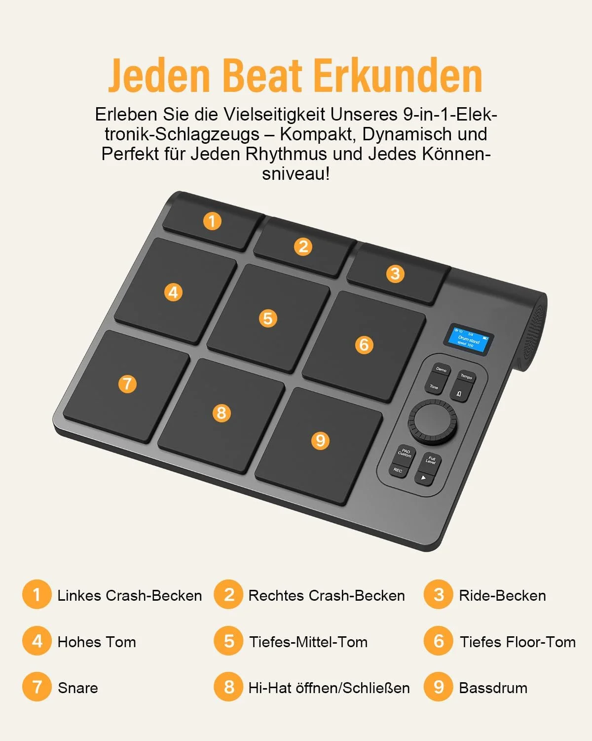 ست درام الکترونیکی 9 پد با ال سی دی، بلندگوهای استریو دوگانه و پدال | ست درام رومیزی قابل حمل برای مبتدیان و حرفه ای ها | سازگار با بلوتوث MIDI | ایده آل برای خانه، استودیو و اجراهای زنده