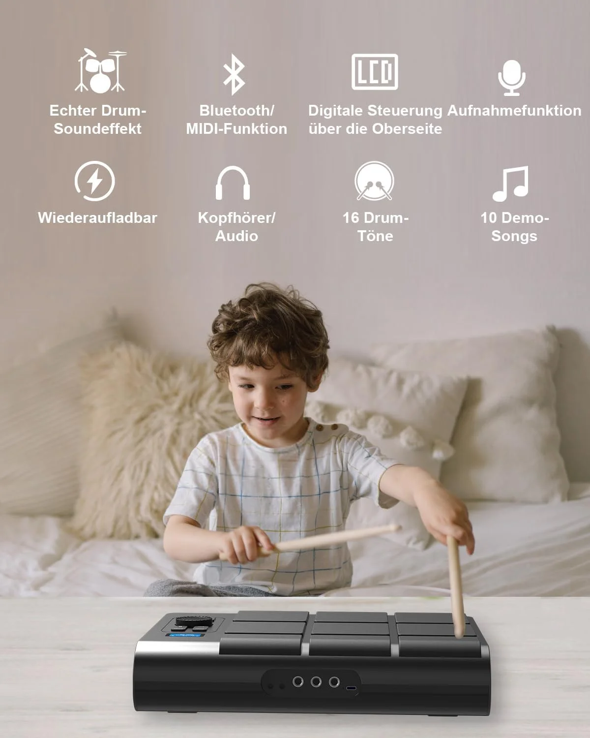 ست درام الکترونیکی 9 پد با ال سی دی، بلندگوهای استریو دوگانه و پدال | ست درام رومیزی قابل حمل برای مبتدیان و حرفه ای ها | سازگار با بلوتوث MIDI | ایده آل برای خانه، استودیو و اجراهای زنده