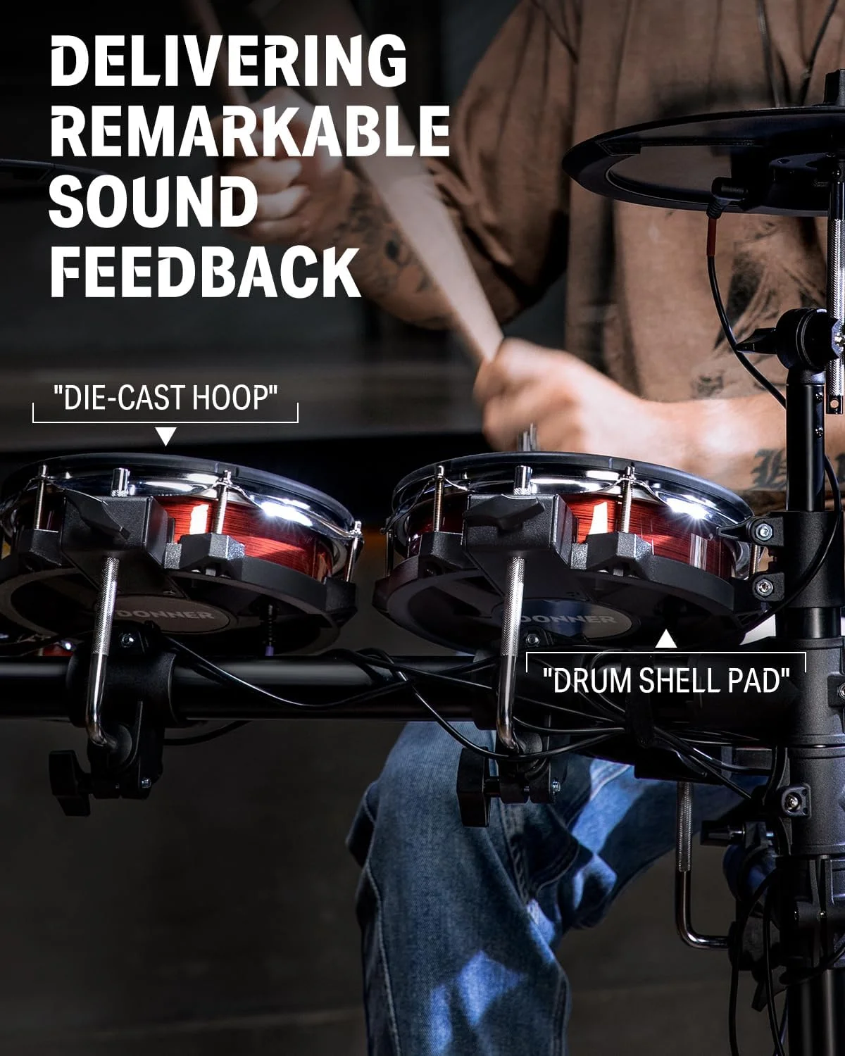 ست درام الکترونیکی Donner DED-200 MAX با پدهای مشبک استاندارد صنعتی، اسنر 10 اینچی، تام 3 10 اینچی، کراش 12 اینچی، 450+ صدای معتبر برای عملکرد و احساس بهینه