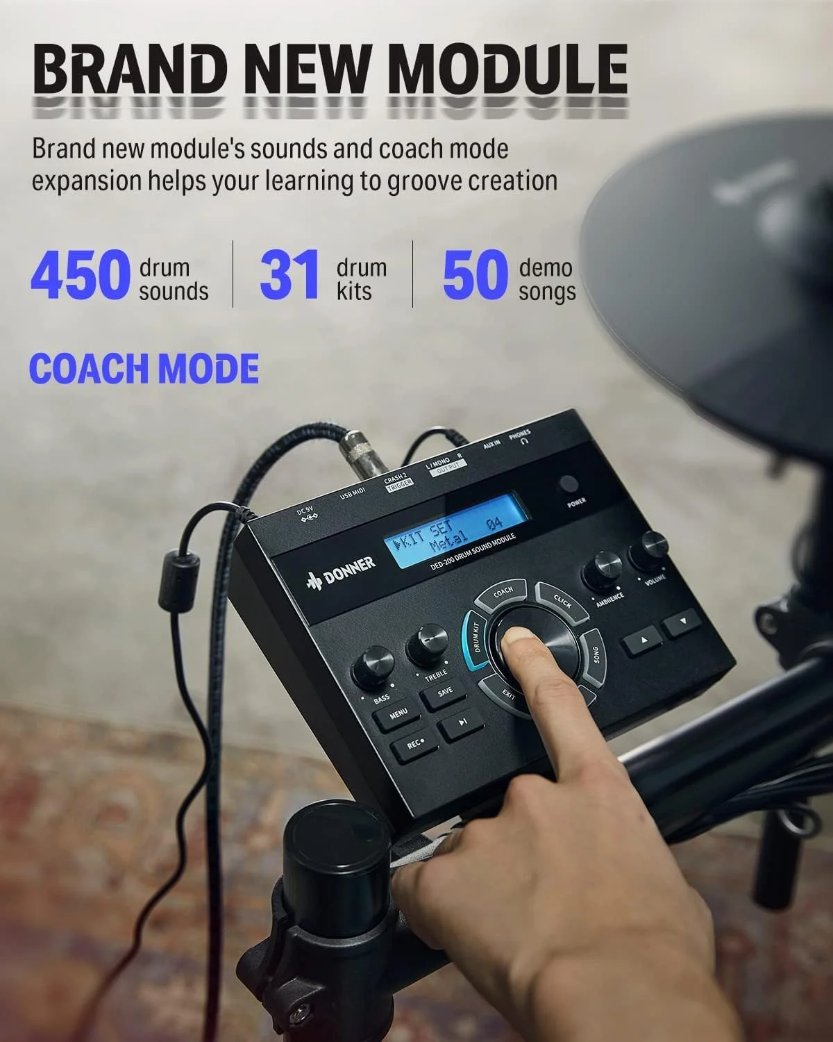 ست درام الکترونیکی Donner DED200X، درامز الکترونیکی با پدهای مشبک بی صدا، 2 سنج با قابلیت خفه کردن صدا، 31 کیت و بیش از 450 صدا، صندلی، هدفون، چوب درام، USB MIDI، آموزش ملودی (5 پد، 4 سنج)