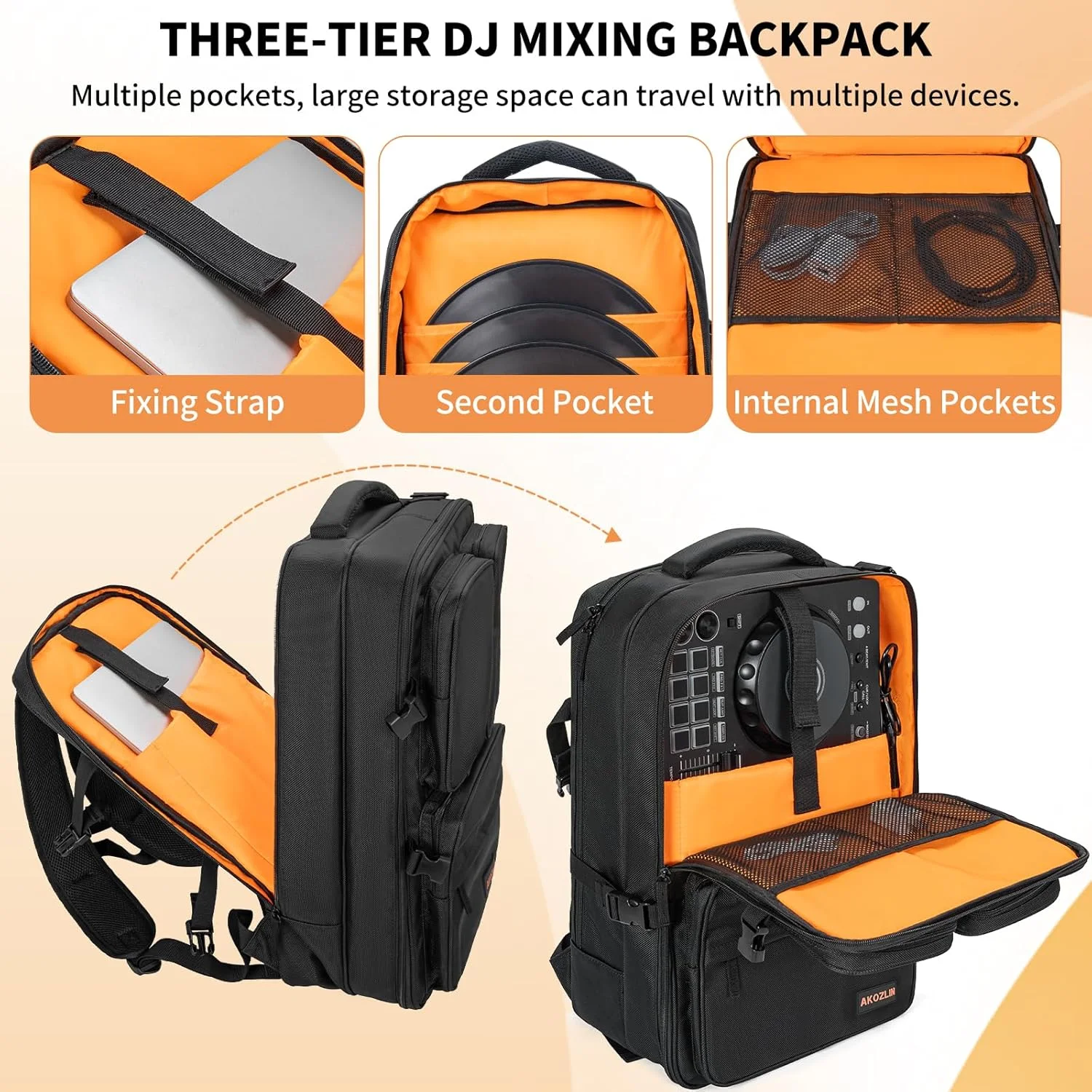 کیف کوله پشتی مسافرتی میکسر DJ آکوزلین برای کنترلر DDJ FLX4 DJ Lite SB DJ 400 با جیب های متعدد برای تجهیزات، لپ تاپ، صفحات وینیل و کابل ها - تصویر 2