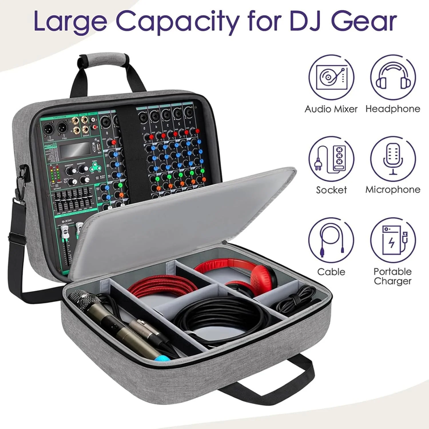 کیف حمل میکسر صدا | کیف فایل کابل DJ برای تجهیزات DJ با فضای ذخیره سازی قابل تنظیم | کیف لوازم جانبی ابزار صدا با بند شانه قابل جدا شدن برای میکروفون ها، سیم ها، کابل ها و تجهیزات پادکست