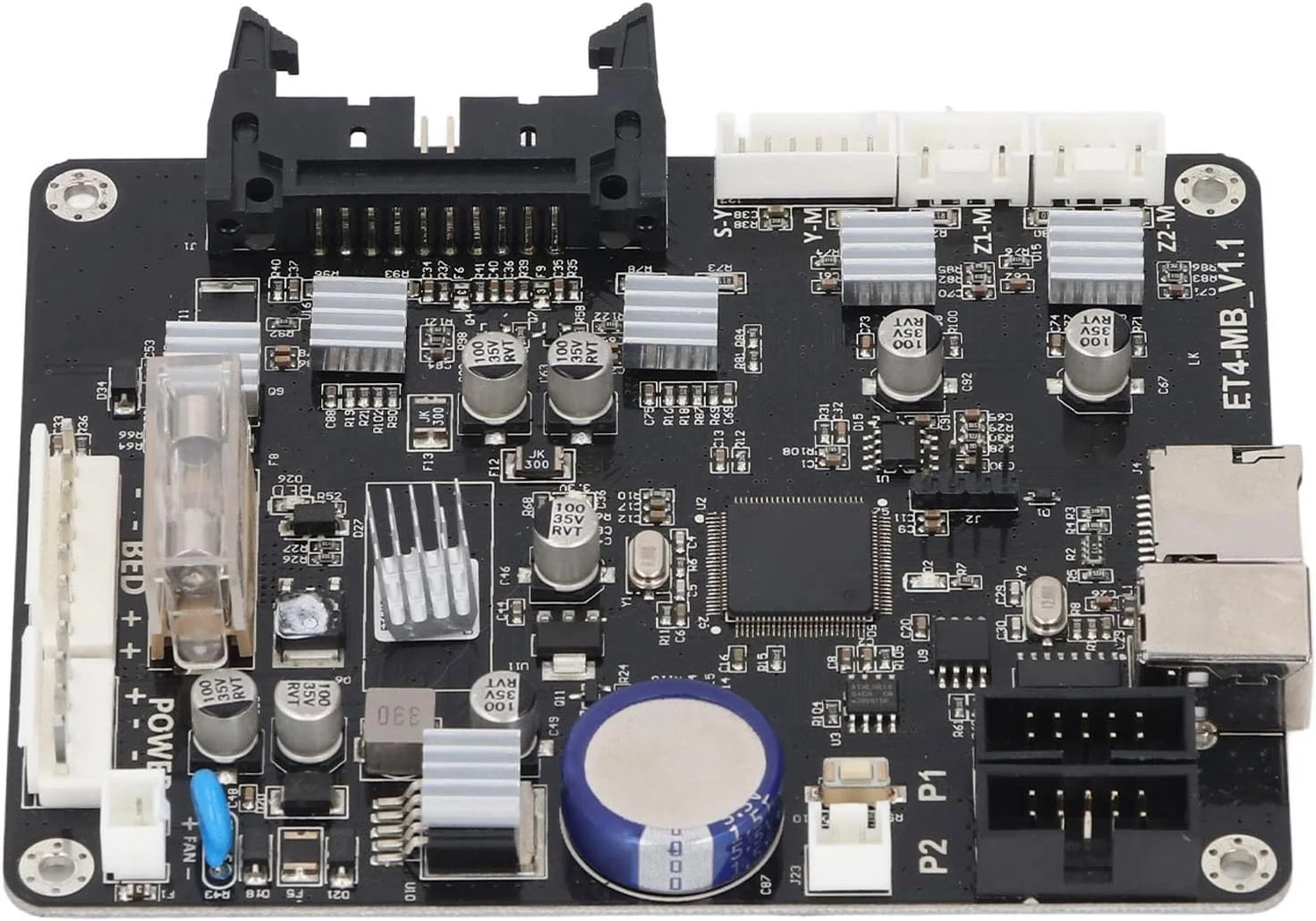 برد اصلی پرینتر 32 بیتی با قابلیت پشتیبانی از قطع برق و تشخیص اتمام متریال، دارای برد 2 لایه و چیپ درایور موتور A4988 برای میکروپروسسور STM32F407