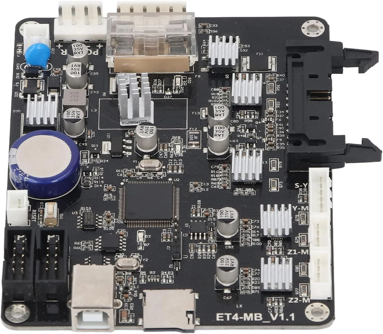 برد اصلی پرینتر 32 بیتی با قابلیت پشتیبانی از قطع برق و تشخیص اتمام متریال، دارای برد 2 لایه و چیپ درایور موتور A4988 برای میکروپروسسور STM32F407