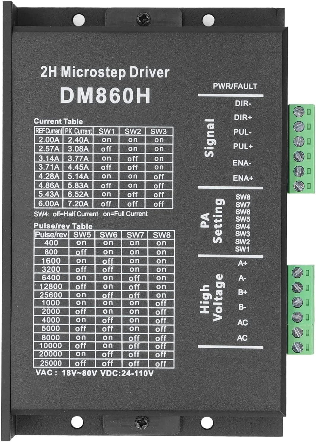 درایور موتور پله ای Hapivida کنترلر PWM دو فاز قابل تنظیم با پوسته DM860H برای موتورهای پله ای 57 و 86، جریان ورودی 24 تا 80 ولت DC، 8 دنده قابل تنظیم، طراحی جمع و جور، دوگانه ثابت
