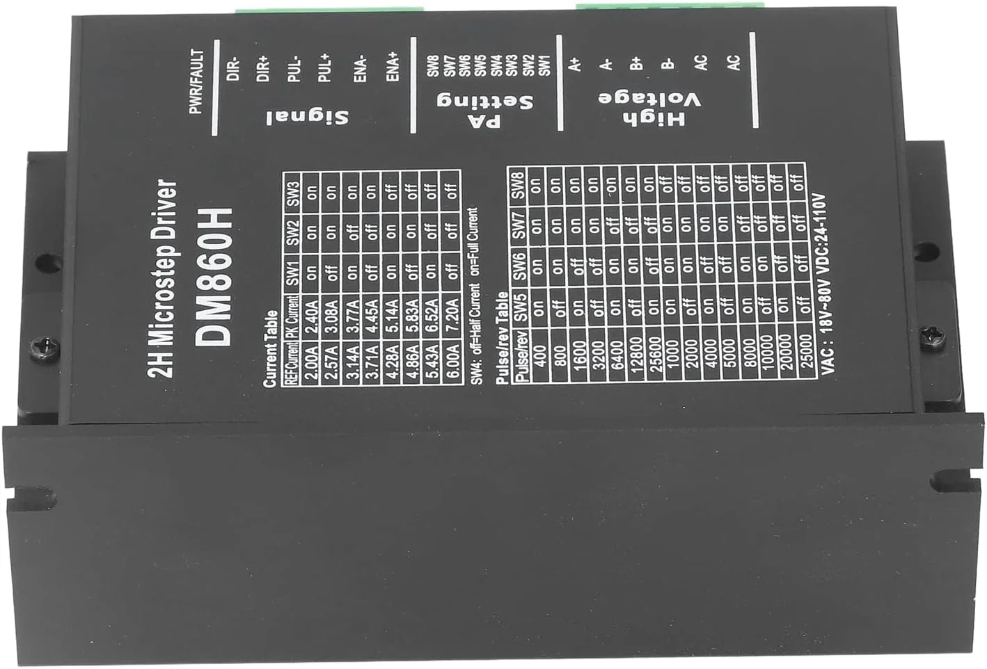 درایور موتور پله ای Hapivida کنترلر PWM دو فاز قابل تنظیم با پوسته DM860H برای موتورهای پله ای 57 و 86، جریان ورودی 24 تا 80 ولت DC، 8 دنده قابل تنظیم، طراحی جمع و جور، دوگانه ثابت