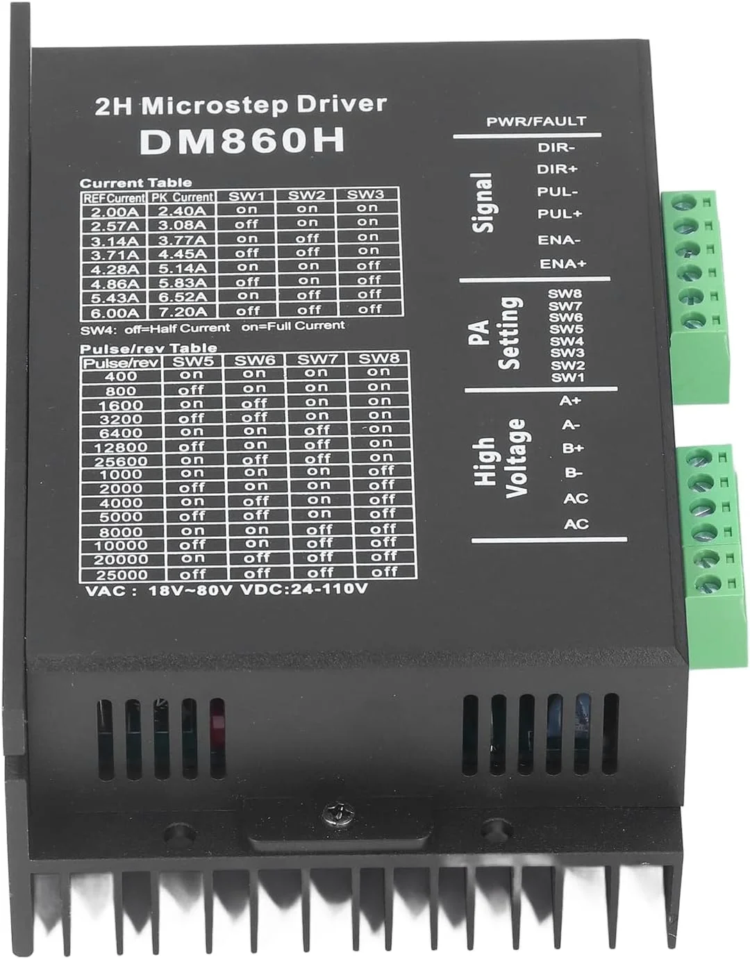 درایور موتور پله ای Hapivida کنترلر PWM دو فاز قابل تنظیم با پوسته DM860H برای موتورهای پله ای 57 و 86، جریان ورودی 24 تا 80 ولت DC، 8 دنده قابل تنظیم، طراحی جمع و جور، دوگانه ثابت