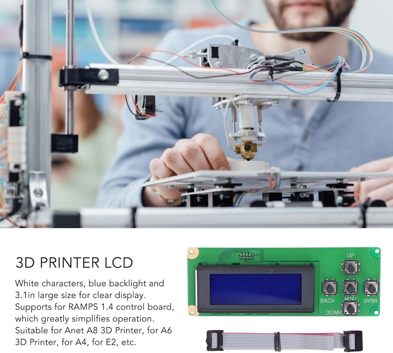 برد کنترل نمایشگر LCD با رزولوشن بالا صفحه نمایش 3.1 اینچی به همراه کابل 5 پین برای پرینترهای سه بعدی Anet A8 A4 A2 A6 L E2