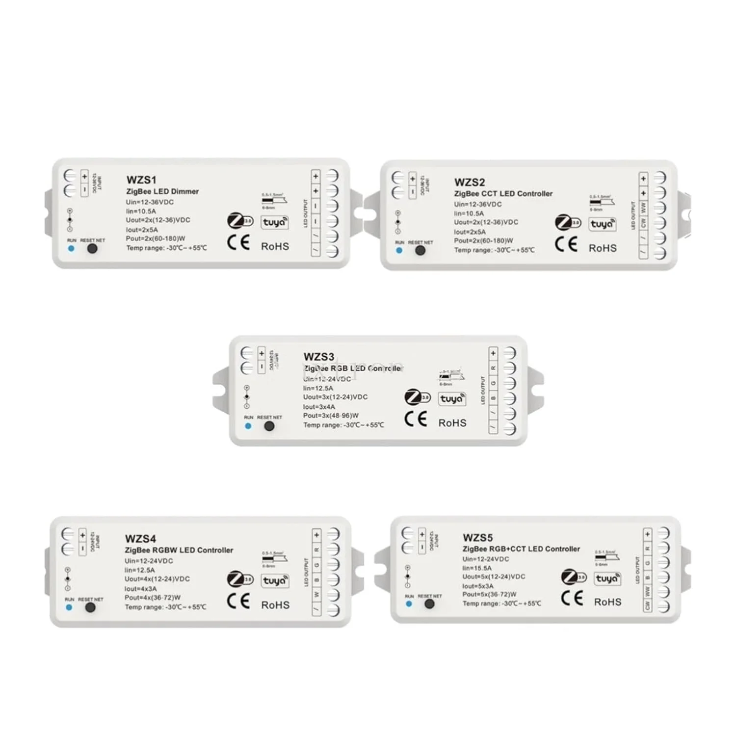 کنترلر LED مدل WZS1/2/3/4/5 DC12-24-36V با قابلیت کنترل صوتی/دستی مناسب برای نوارهای LED تک رنگ، CCT، RGB، RGBW و RGB+CCT