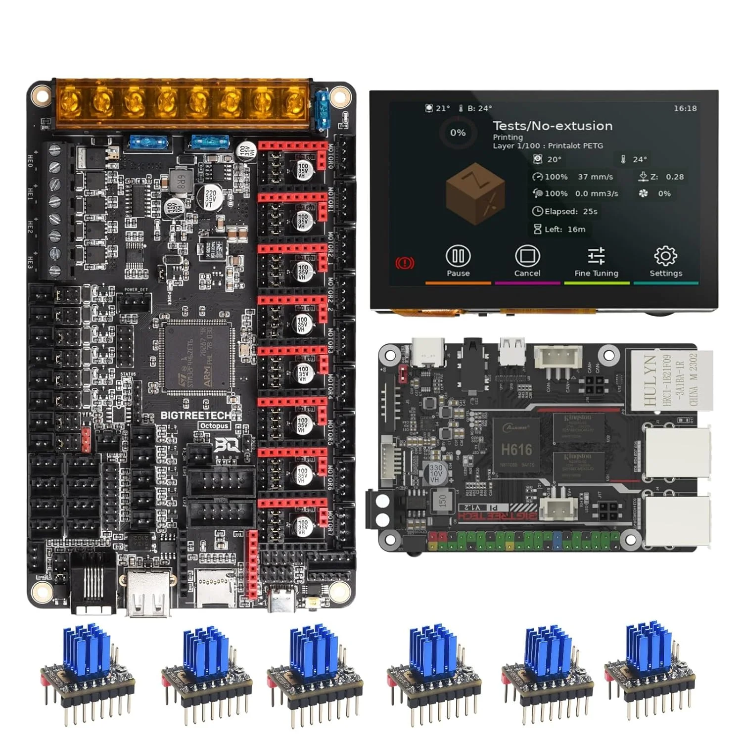 برد کنترل BIGTREETECH Octopus V1.1 + صفحه لمسی HDMI5 V1.2 + BTT PI V1.2 + 6 عدد درایور استپر TMC2209 V1.3 با قابلیت اجرای Klipper برای پرینتر سه بعدی Voron 2.4، CoreXY، VZbot