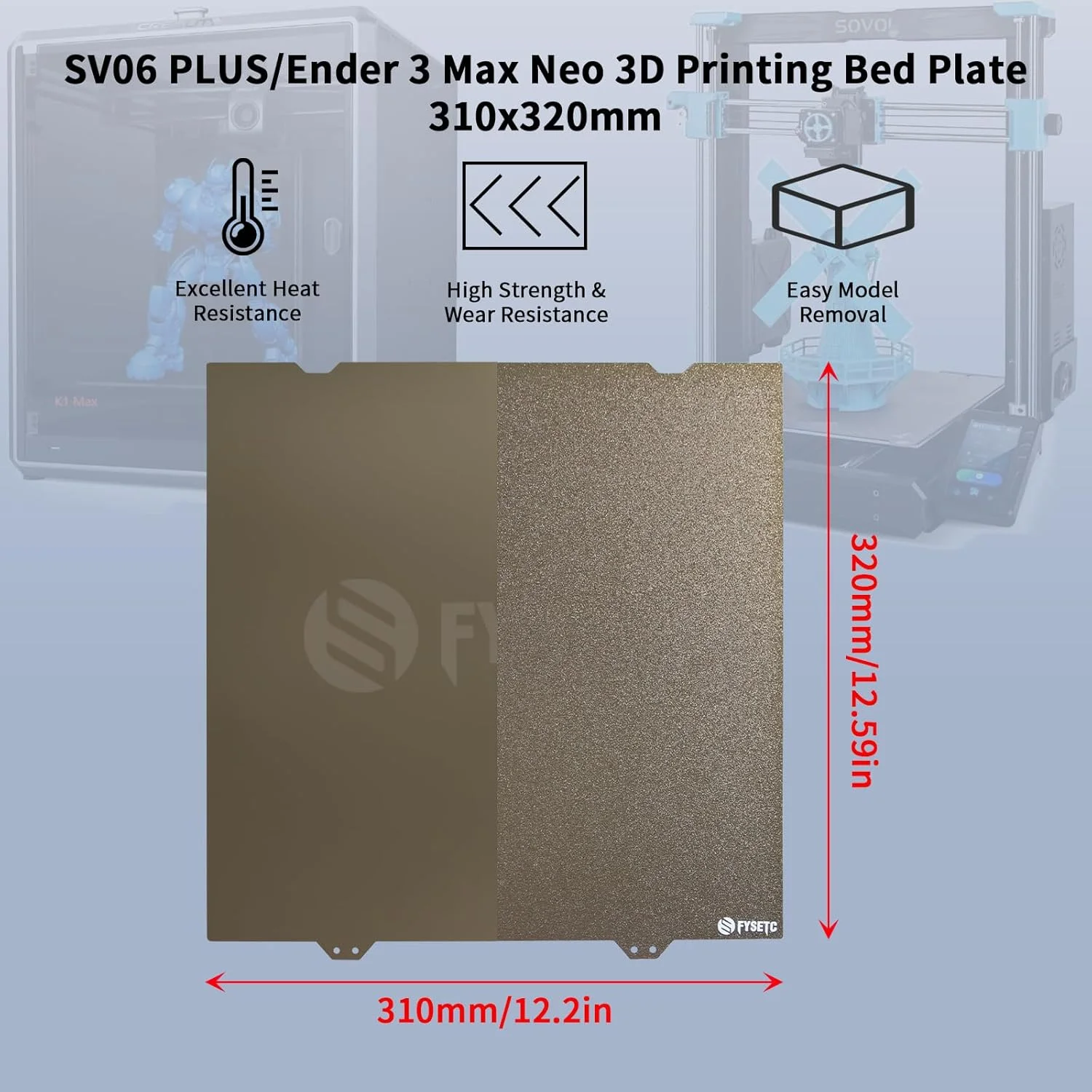 صفحه ساخت FYSETC SV06 Plus - بستر چاپ PEI صاف + بافت دار - ورق 310x320 میلی متر: پلتفرم فولادی فنری دو طرفه برای Sovoll SV04/Ender 3 Max NEO/CR-10S PRO V2/Kobrra Plus (با پایه مغناطیسی)