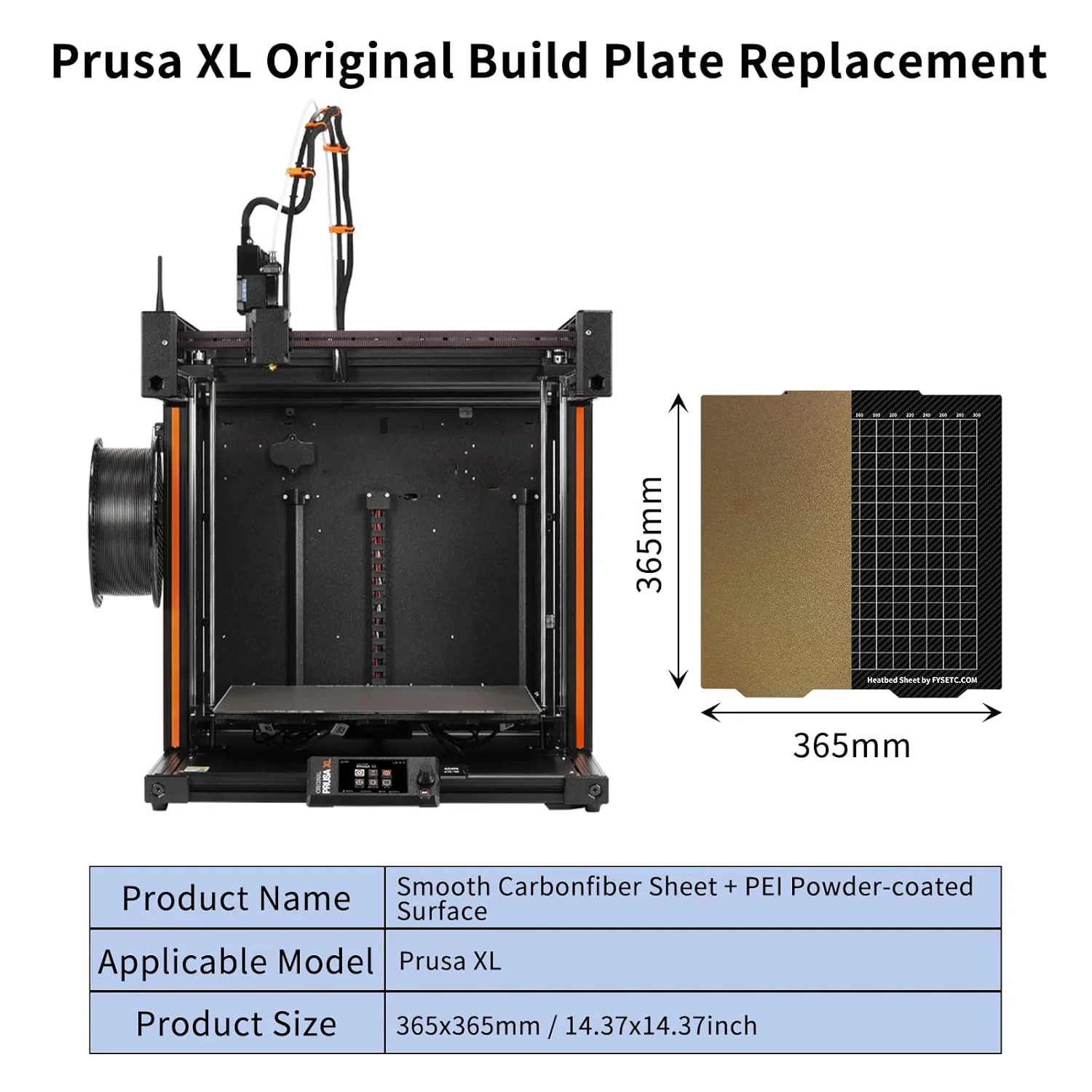 صفحه ساخت PET پروسا XL فایستک - ورق فولادی فنری PEI با بافت PET صاف - صفحه چاپ دو طرفه 365x365 میلی متر: پوشش صفحه گرم شونده قابل جابجایی انعطاف پذیر برای قطعات پرینتر سه بعدی فیلامنت PLA PETG