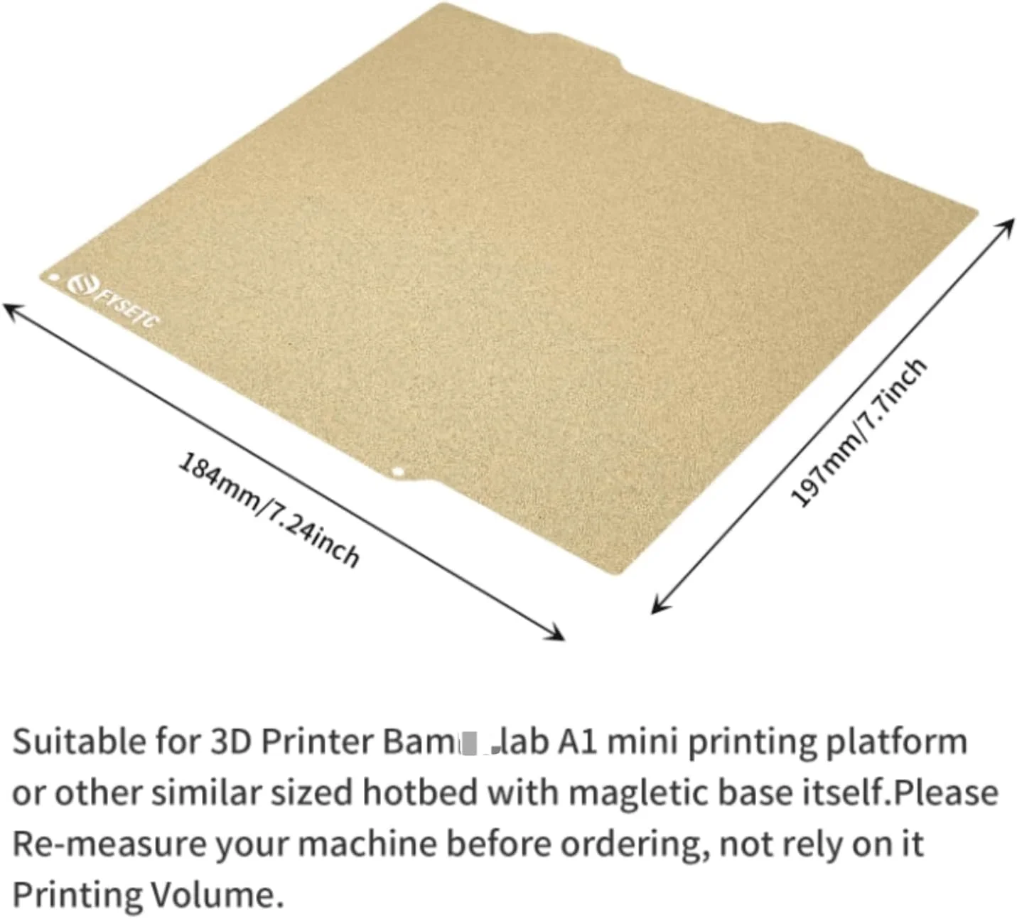 صفحه ساخت بافت‌دار و صاف دو طرفه برای پرینتر سه بعدی FYSETC A1 Mini: پلتفرم چاپ انعطاف پذیر 184x197 میلی‌متر / 7.2x7.7 اینچ، پوشش کوچک صفحه حرارتی سازگار با فیلامنت PLA PETG ABS 1.75