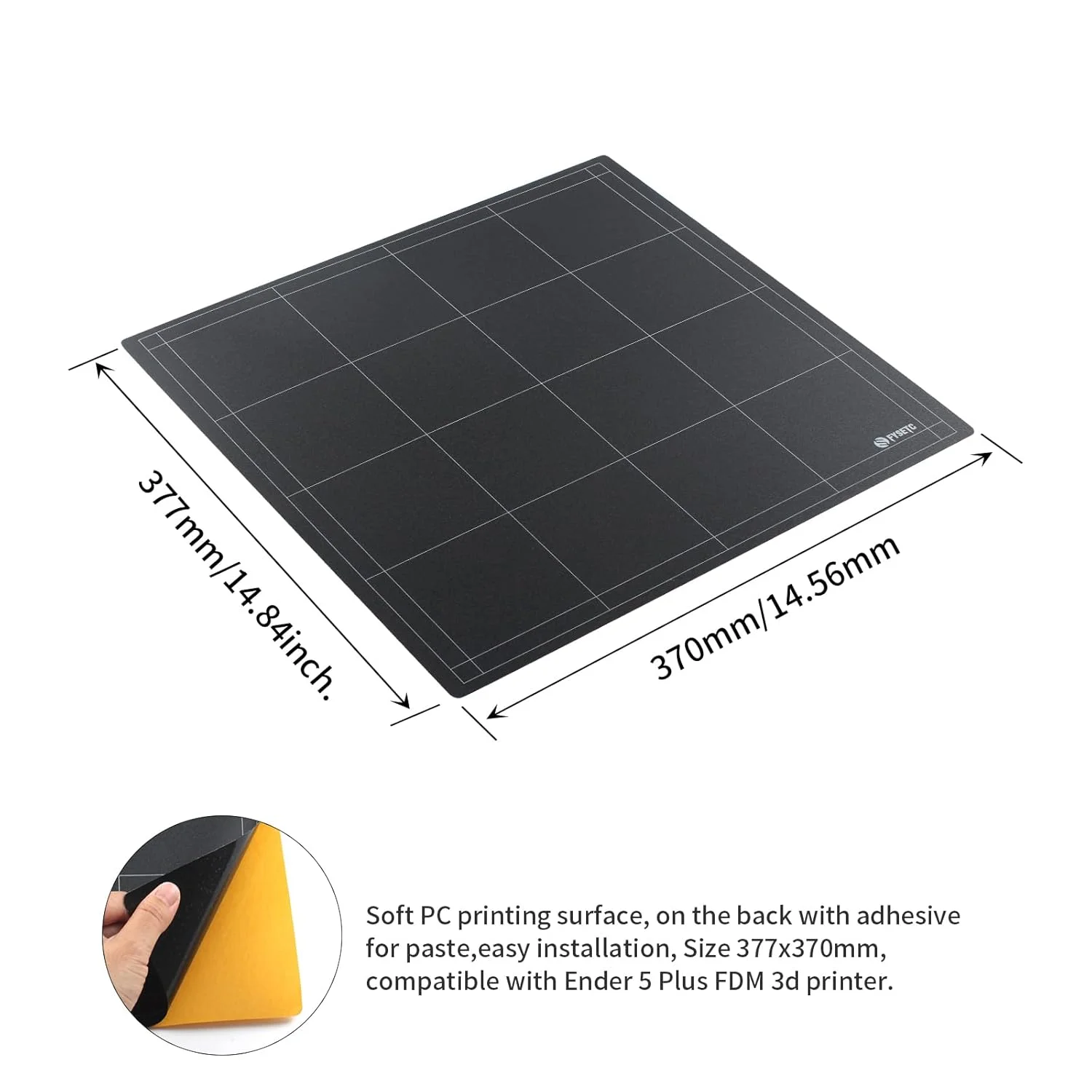 صفحه ساخت پرینتر سه بعدی FYSETC Ender 5 Plus، استیکر PC، ابعاد 377x370mm: پوشش تخت گرم شونده یخ زده فوق العاده انعطاف پذیر با چسب برای مواد پرینت سه بعدی PLA ABS PETG TPU فیلامنت 1.75 - بسته 2 عددی