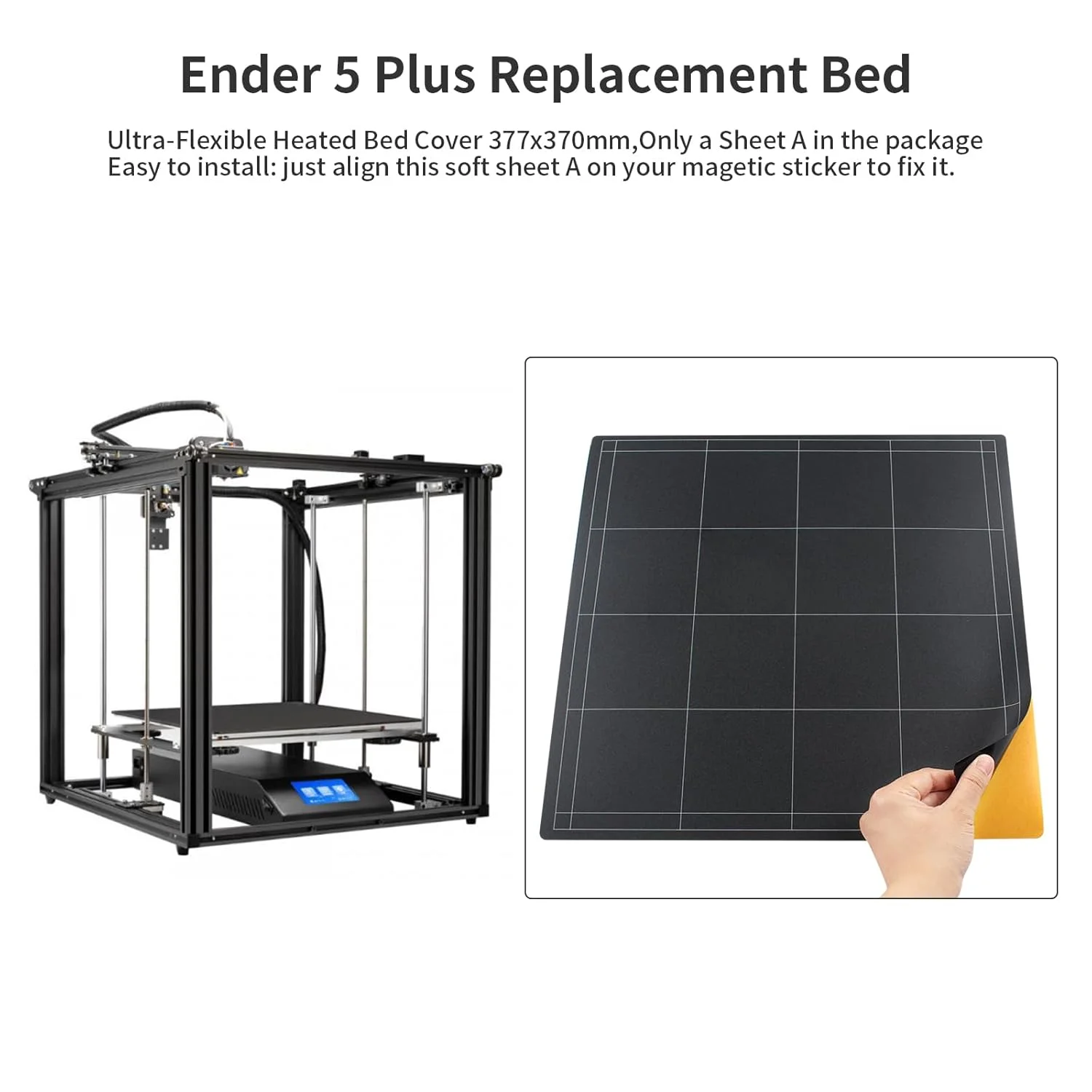 صفحه ساخت پرینتر سه بعدی FYSETC Ender 5 Plus، استیکر PC، ابعاد 377x370mm: پوشش تخت گرم شونده یخ زده فوق العاده انعطاف پذیر با چسب برای مواد پرینت سه بعدی PLA ABS PETG TPU فیلامنت 1.75 - بسته 2 عددی