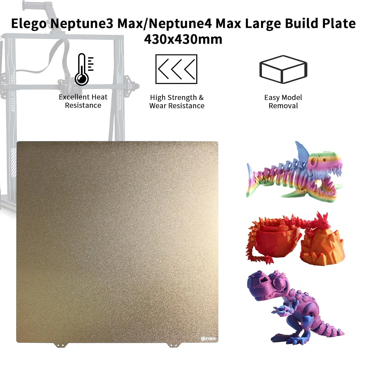 صفحه ساخت FYSETC Neptune3 Max - ورق PEI 430x430 میلی‌متر - بستر چاپ بافت‌دار دو طرفه: سطح فولادی فنری انعطاف‌پذیر با پایه مغناطیسی برای Neptun 4 Max، Anycubi Kobra Max، CR-6 Max پرینتر سه بعدی