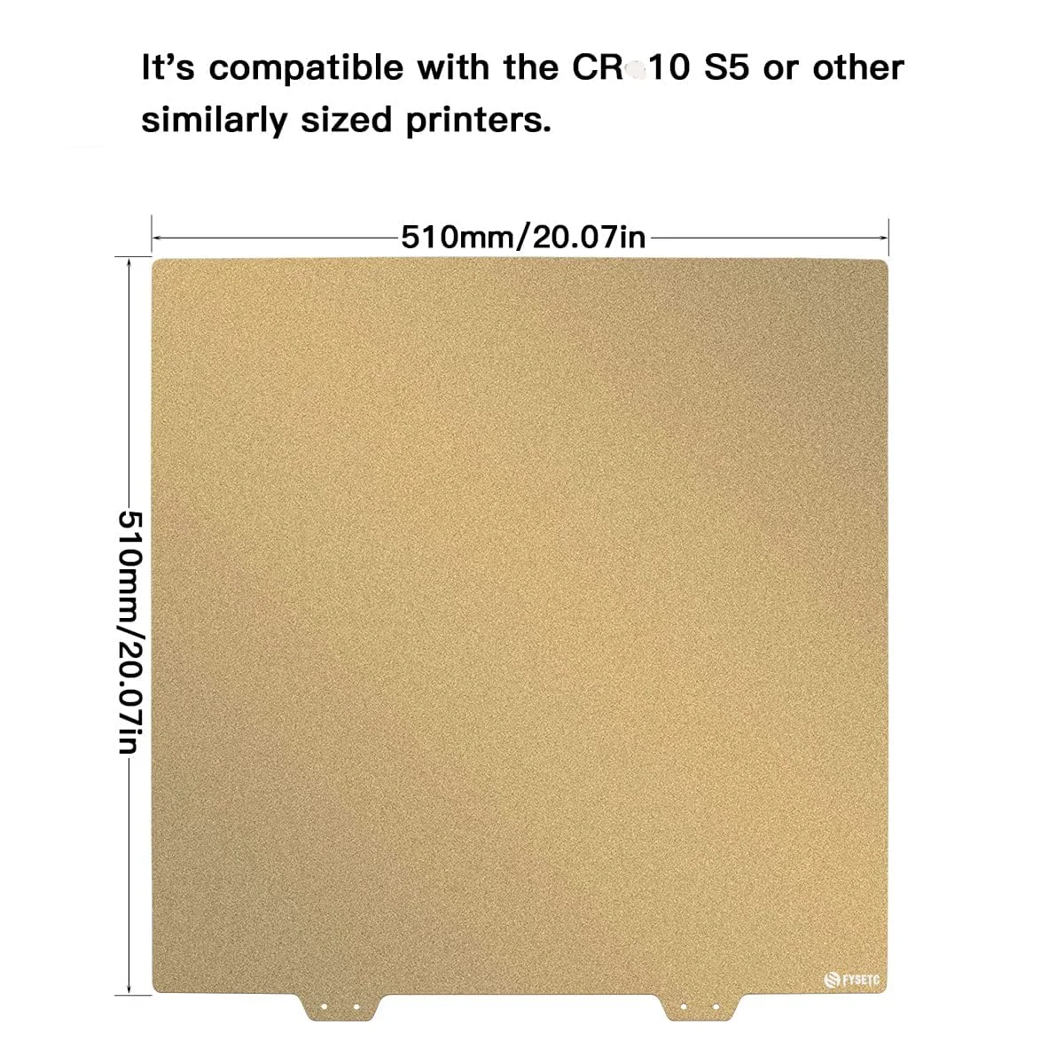 صفحه ساخت پرینت سه بعدی FYSETC CR10 S5، ورق فولادی فنری انعطاف پذیر 510 میلی متر / 20x20 اینچ، صفحه چاپ دو طرفه با پوشش پودری بافت دار طلایی به همراه پایه چسبی 2.0 میلی متر