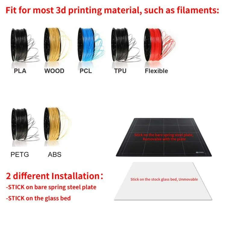 صفحه استیکر PC پرینتر سه بعدی FYSETC، ابعاد 420x420 میلی‌متر، پلتفرم ساخت: روکش تخت گرم شونده یخ زده فوق العاده انعطاف پذیر با چسب، نصب آسان برای مواد پرینت سه بعدی PLA، ABS، PETG، TPU، فیلامنت 1.75