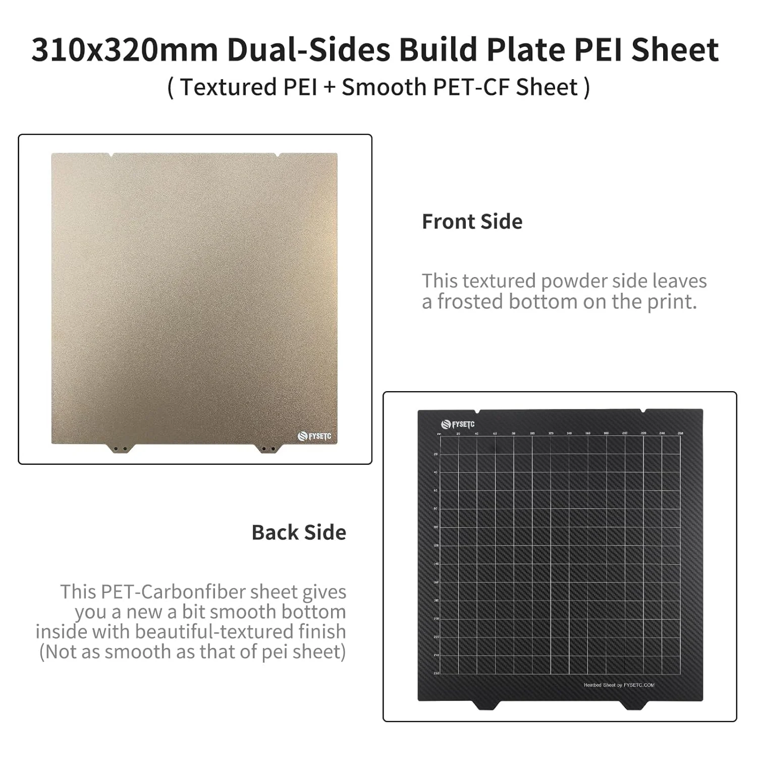 صفحه ساخت FYSETC K1 Max - ارتقاء بستر چاپ PET - ورق PEI 310x320: پوشش بستر گرم فولادی فنری انعطاف پذیر دو طرفه با بافت صاف، سطح چاپ قابل جابجایی پرینتر سه بعدی (بدون پایه مغناطیسی)