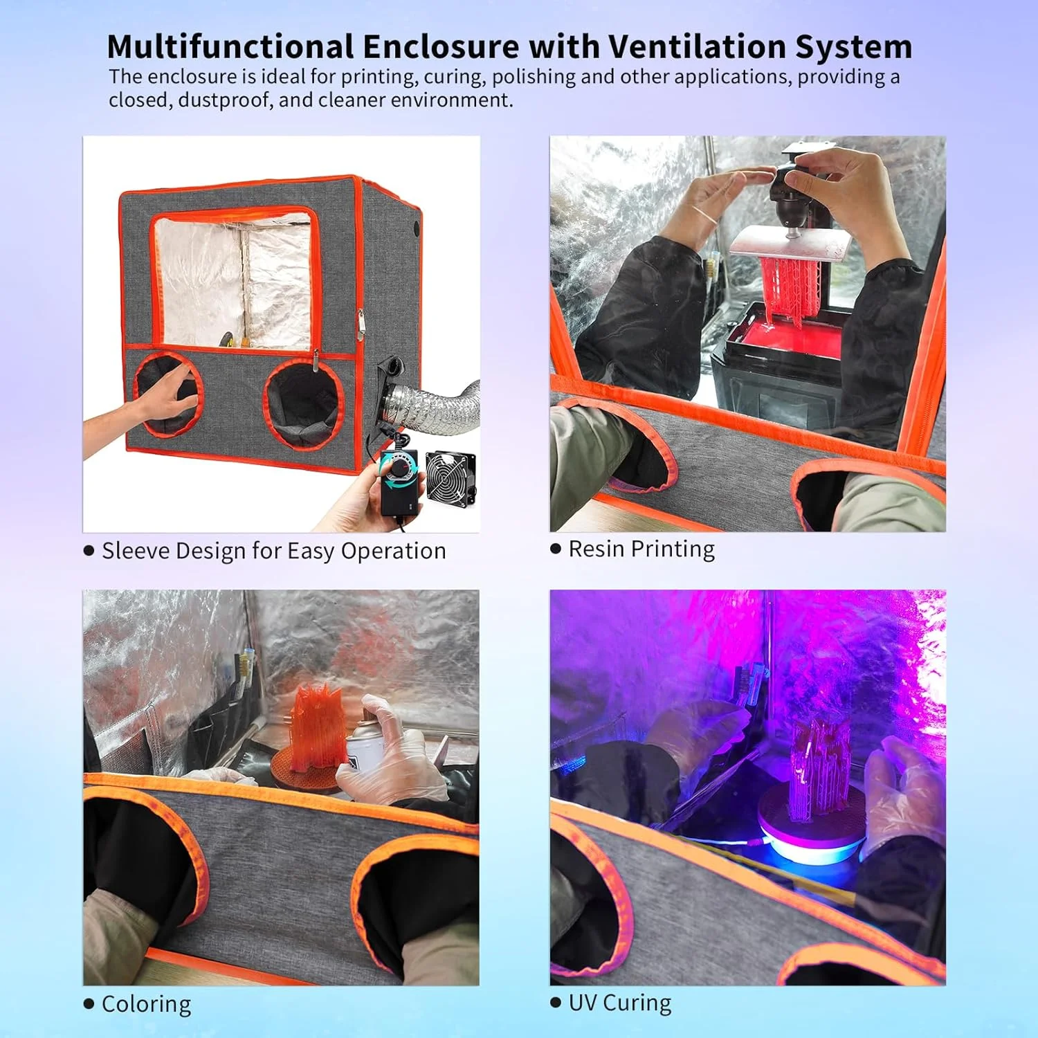 محفظه پرینتر سه بعدی رزینی با تهویه برای چاپ سه بعدی رزینی، دارای 2 آستین برای دسترسی آسان، خروج بو، دود و گرد و غبار، سازگار با پرینترهای سه بعدی UV LCD سری ANYCUBIC ELEGOO Creality