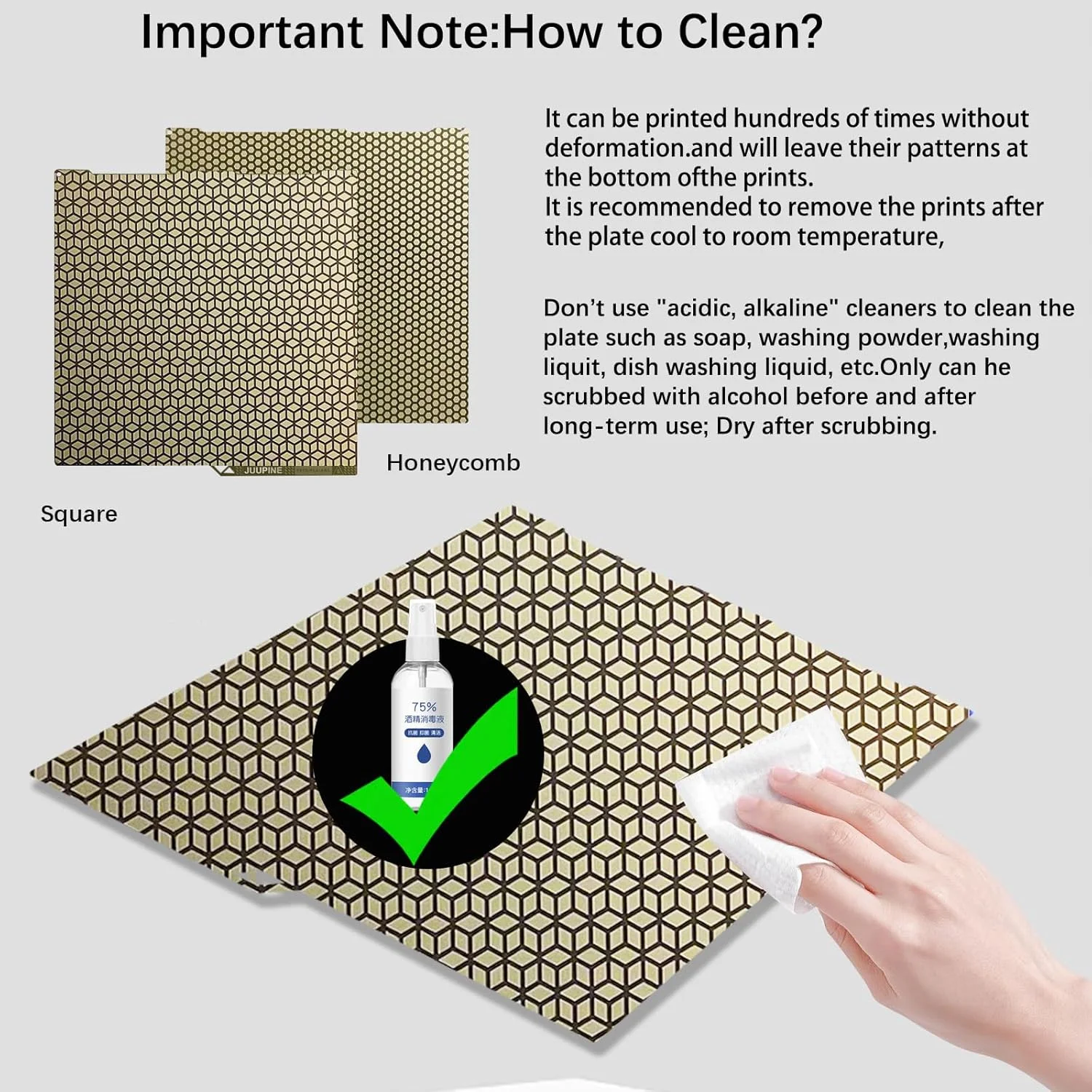 صفحه ساخت دو طرفه لانه زنبوری PEI JUUPINE با ابعاد 256x268 میلی متر، صفحه داغ چاپ برای پرینتر سه بعدی Anycubic Kobra 3/Kobra 3 V2، فناوری ارتقا یافته اچینگ، پلتفرم صفحه فولادی فنری انعطاف پذیر 0.5 میلی متری.