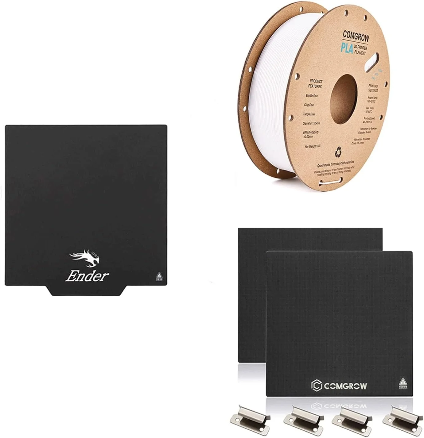 صفحه ساخت مغناطیسی جداشدنی اصلی پرینتر سه بعدی Comgrow Creality و فیلامنت پرینتر سه بعدی PLA سفید و 2 عدد صفحه شیشه ای حرارت دیده ارتقا یافته با گیره های تخت