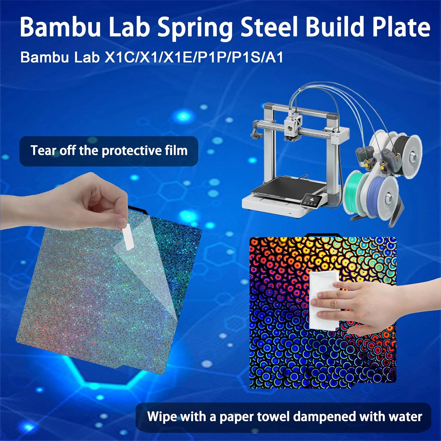 صفحه ساخت برای Bambu Lab P1S/X1C/X1/X1E/P1P/A1: صفحه تخت TinytreesSmooth PEI H1H Carbon PET PEO PEY P1S برای علاقه مندان به چاپ سه بعدی، 257 X 257mm (PEY-Starry + PEK-Kaleidoscope)