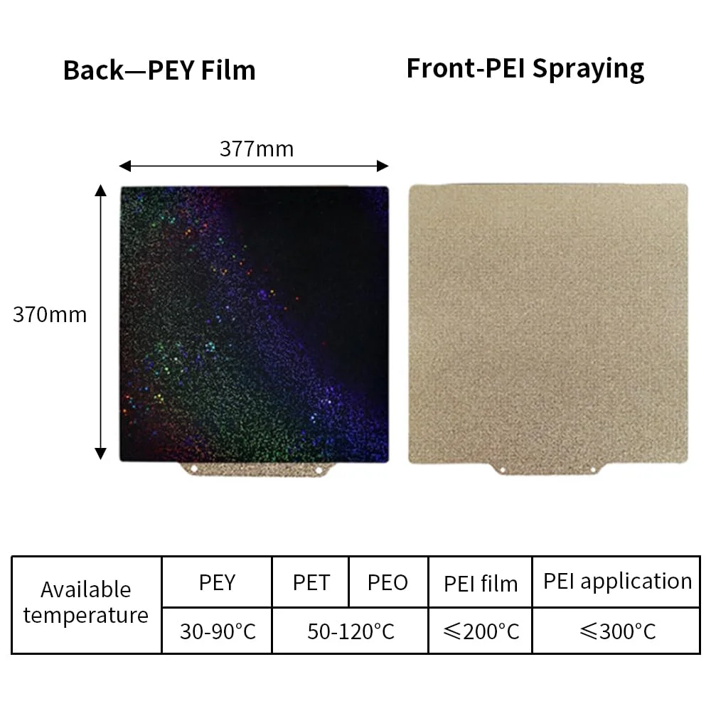 صفحه ساخت دو طرفه BORDSTRACT، صفحه فولادی فنری انعطاف پذیر با فیلم رنگی PEI Spray + PEY، ابعاد 377x370 میلی متر، بدون پایه مغناطیسی نرم، مناسب برای اکثر مدل های پلتفرم چاپگر سه بعدی