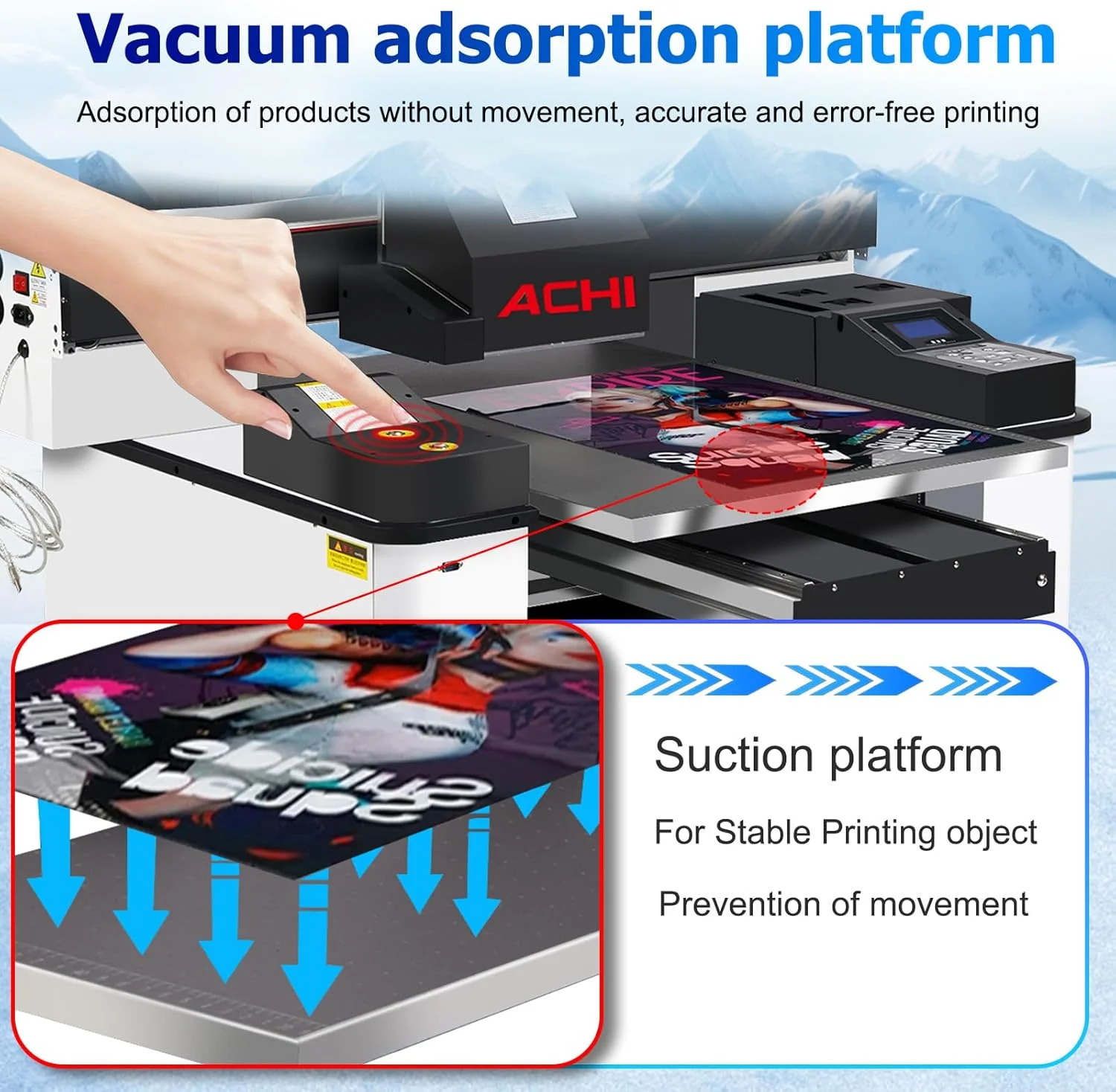 دستگاه چاپگر UV تخت 6090 با ابعاد 60x90 سانتی متر به همراه 3 هد چاپی برای چاپ روی قاب موبایل و اکریلیک