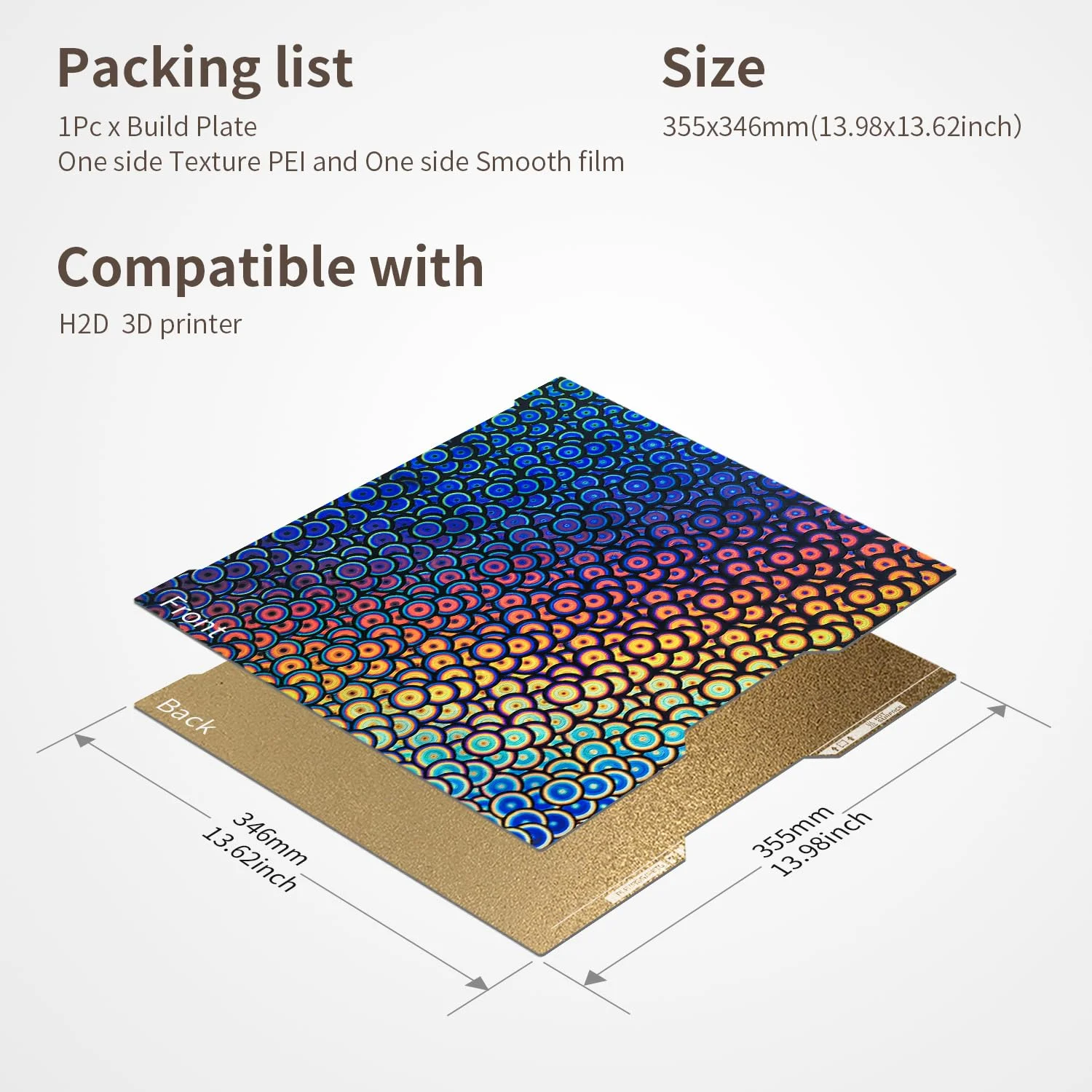 صفحه ساخت دو طرفه PEK PEI با ابعاد 355x346mm، پلتفرم تخت چاپ فنری قابل جابجایی و انعطاف پذیر فولادی گرم شده برای پرینتر سه بعدی Bambu Lab H2D