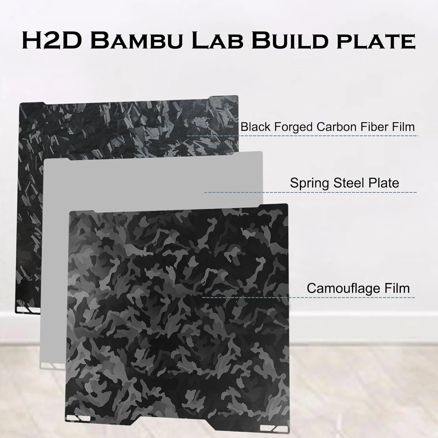 صفحه ساخت H2S H2D با ابعاد 346x355 میلی‌متر، صفحه فولادی فنری صاف دو طرفه برای پلتفرم چاپگر سه بعدی Bambu Lab H2S، H2D، H2D Combo، اندازه چاپ 350mmx320mm (استتار + فیبر کربن فورج شده سیاه)