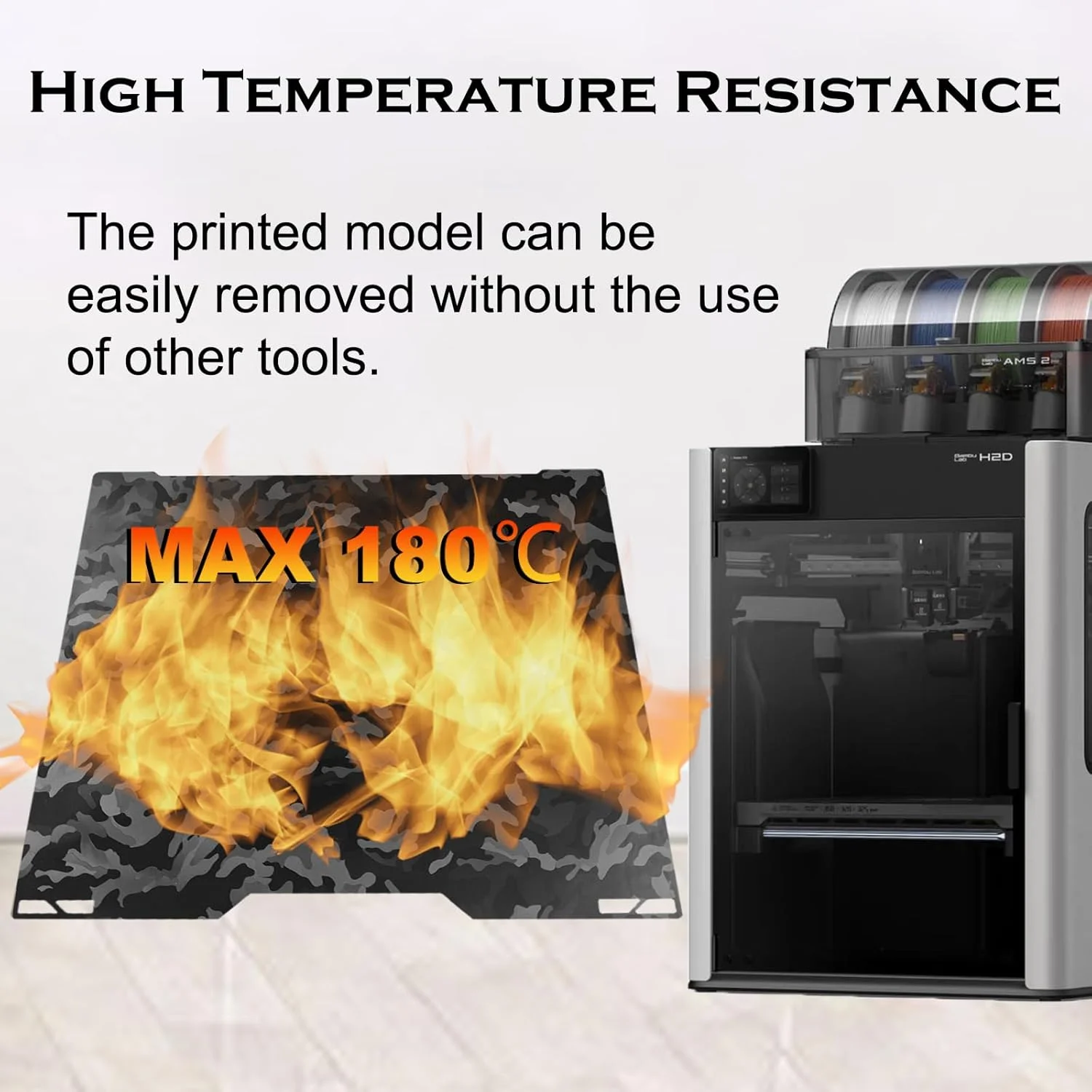 صفحه ساخت H2S H2D با ابعاد 346x355 میلی‌متر، صفحه فولادی فنری صاف دو طرفه برای پلتفرم چاپگر سه بعدی Bambu Lab H2S، H2D، H2D Combo، اندازه چاپ 350mmx320mm (استتار + فیبر کربن فورج شده سیاه)