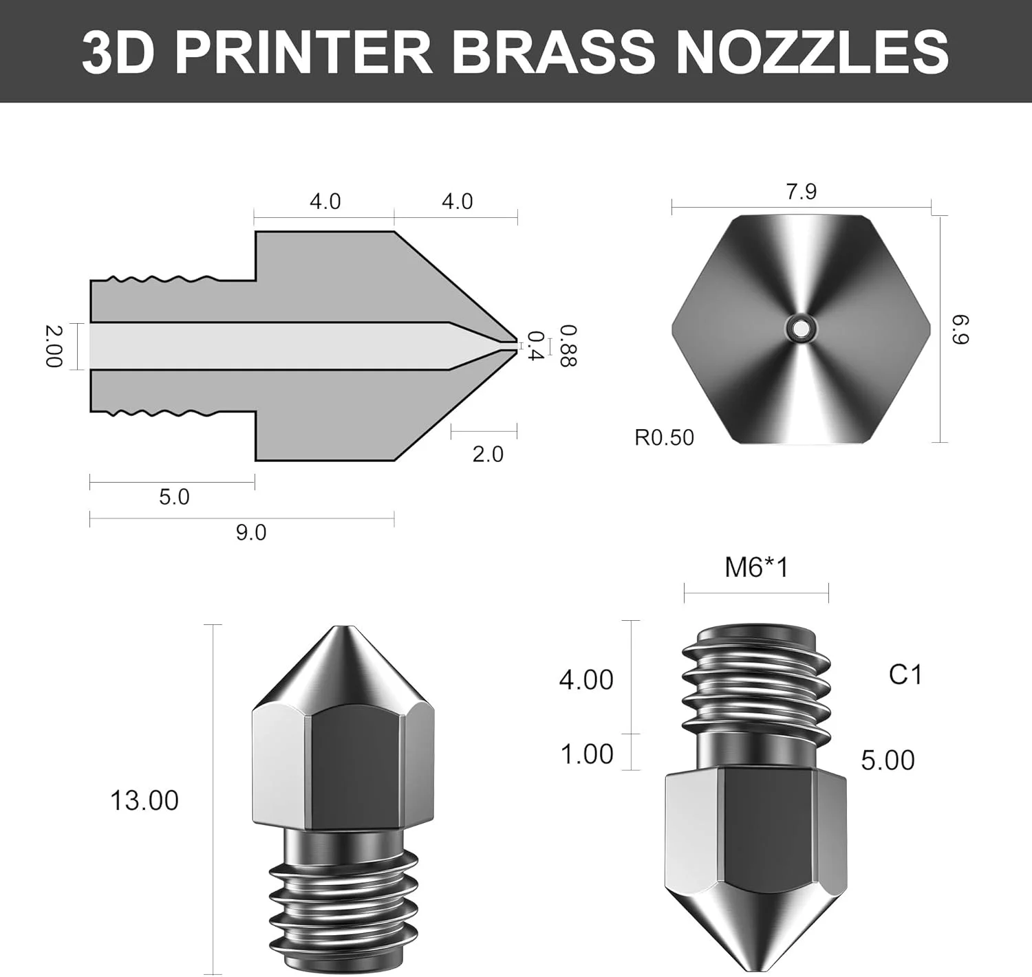 نازل اکسترودر کاربید تنگستن MK8 برای پرینتر سه بعدی، چاپ در دمای بالا، مقاوم در برابر سایش، 0.4 میلی متر/1.75 میلی متر